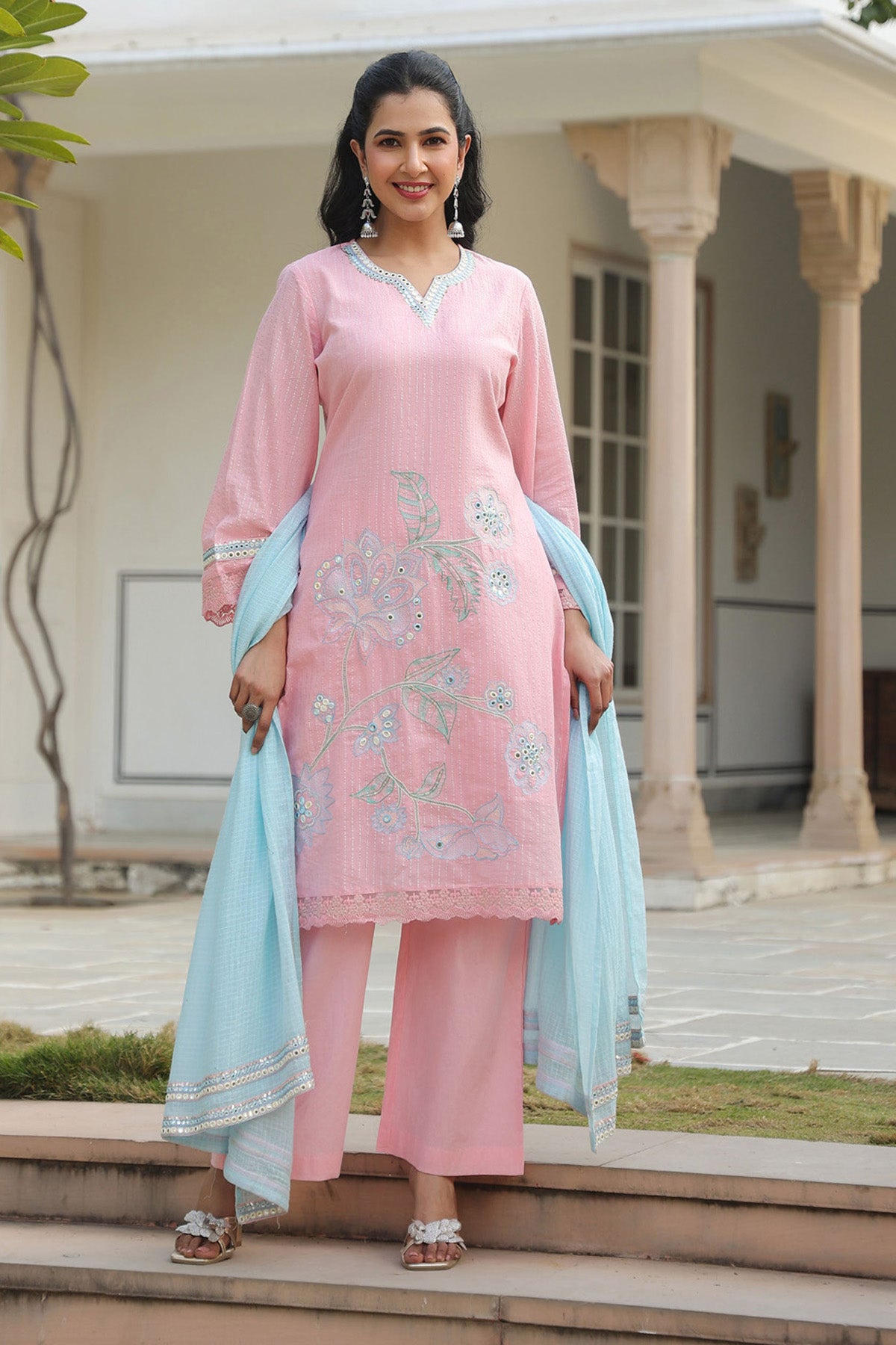 Pink Cotton Embroidered Kurta Set With Dupatta