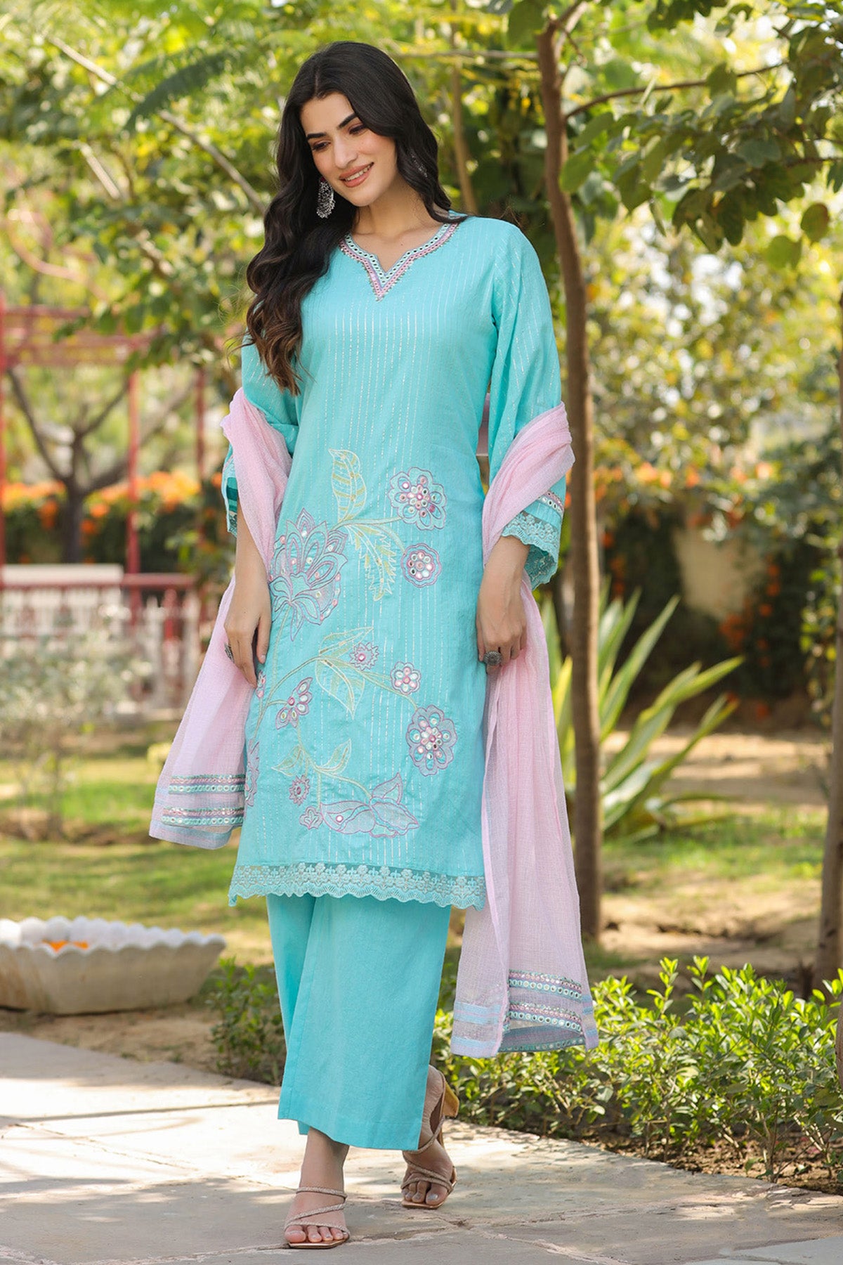 Sky Blue Cotton Embroidered Kurta Set With Dupatta