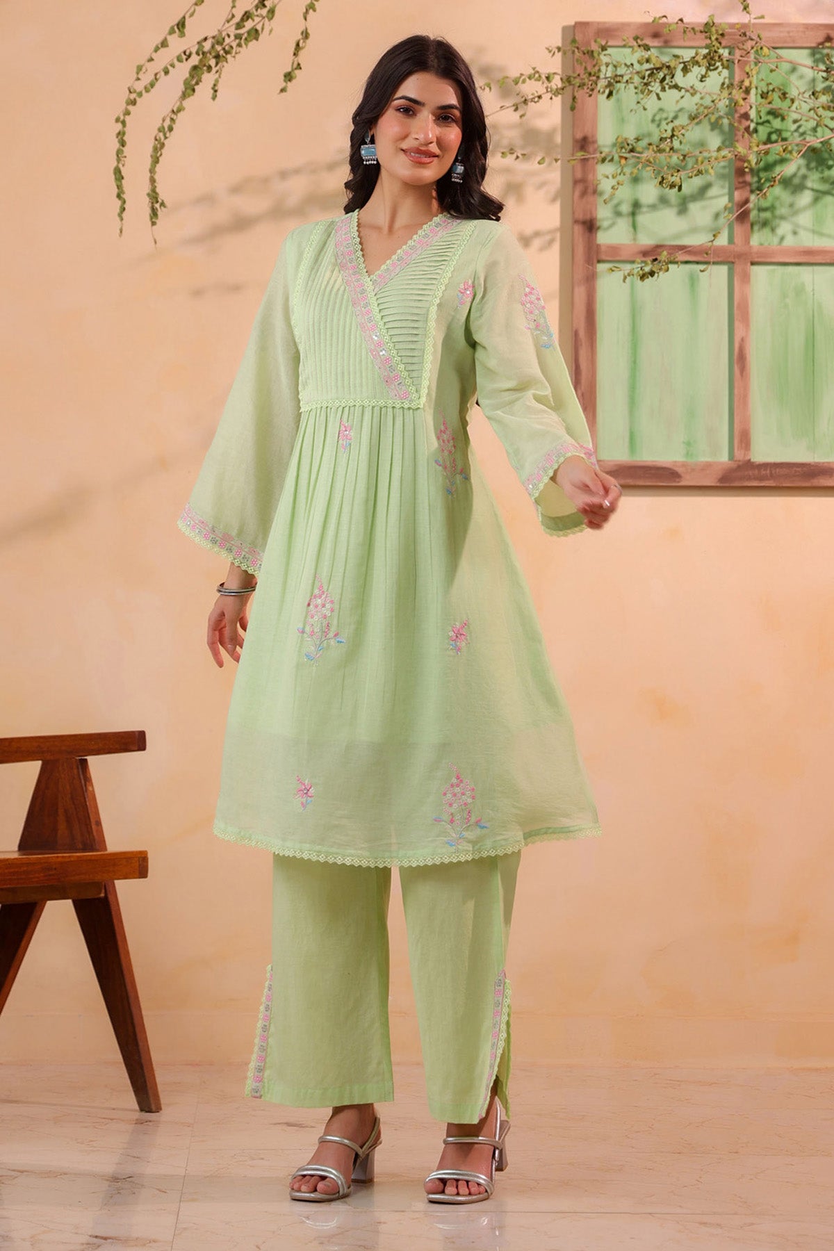 Green Mul Mul Embroidered Co-ord Set