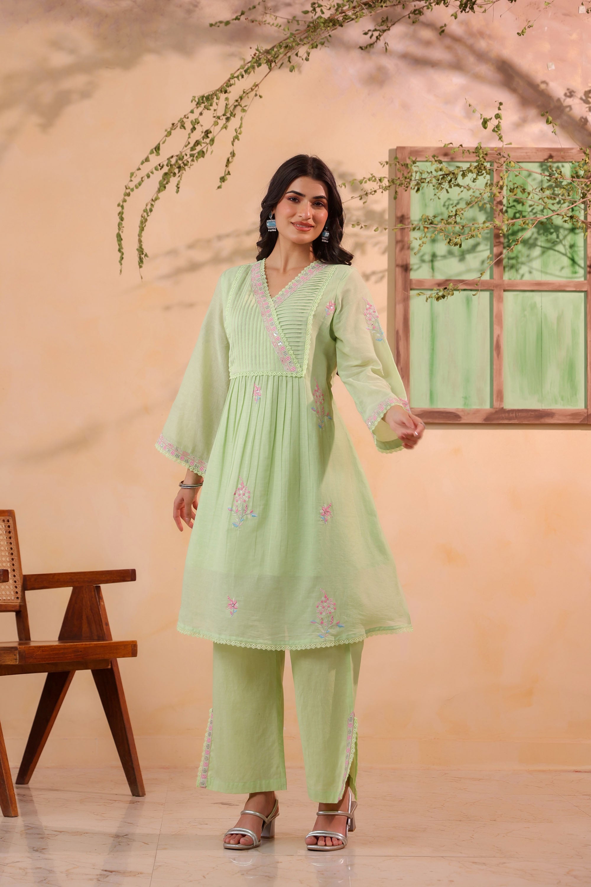 Green Mul Mul Embroidered Co-ord Set