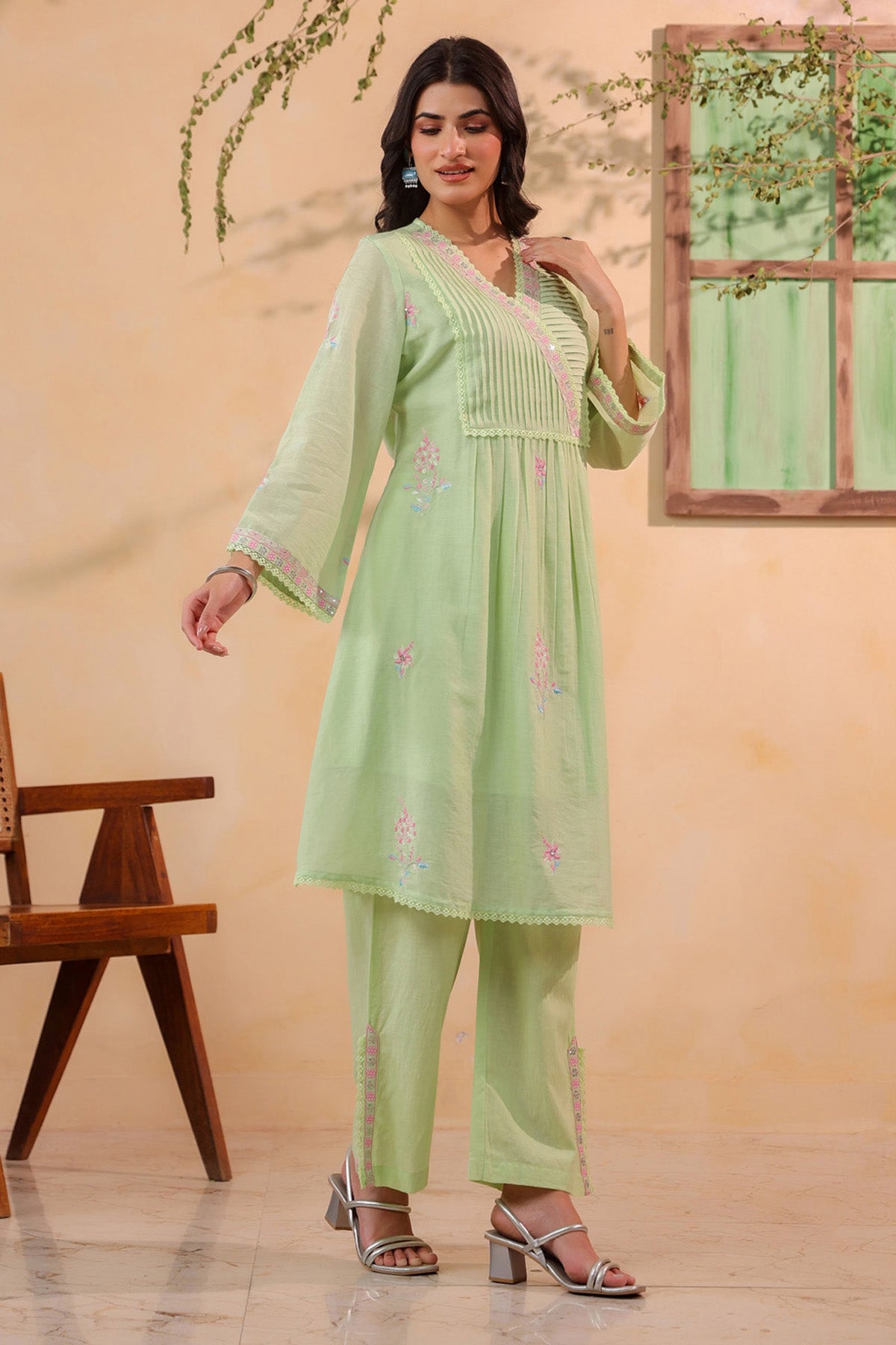 Green Mul Mul Embroidered Co-ord Set