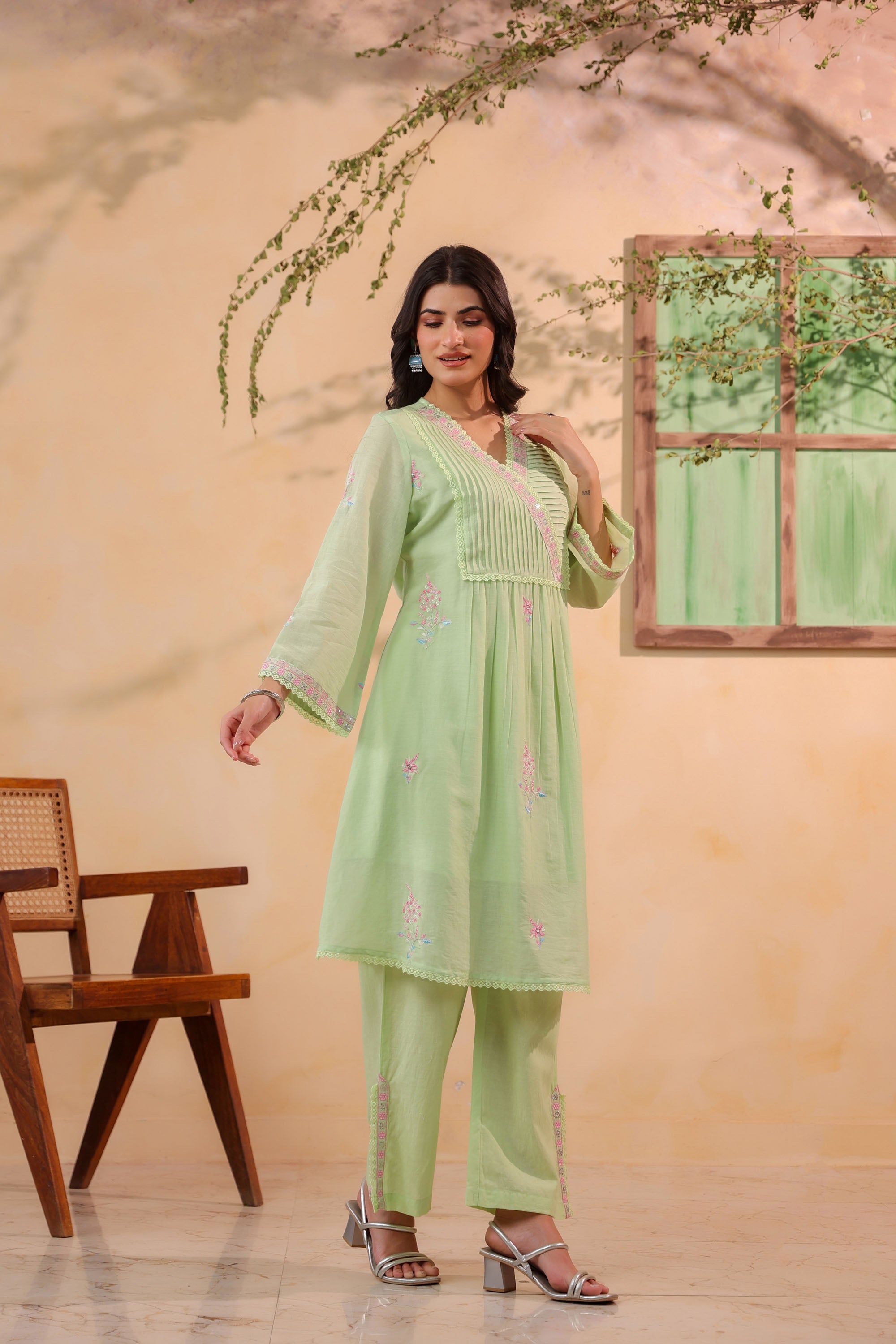 Green Mul Mul Embroidered Co-ord Set