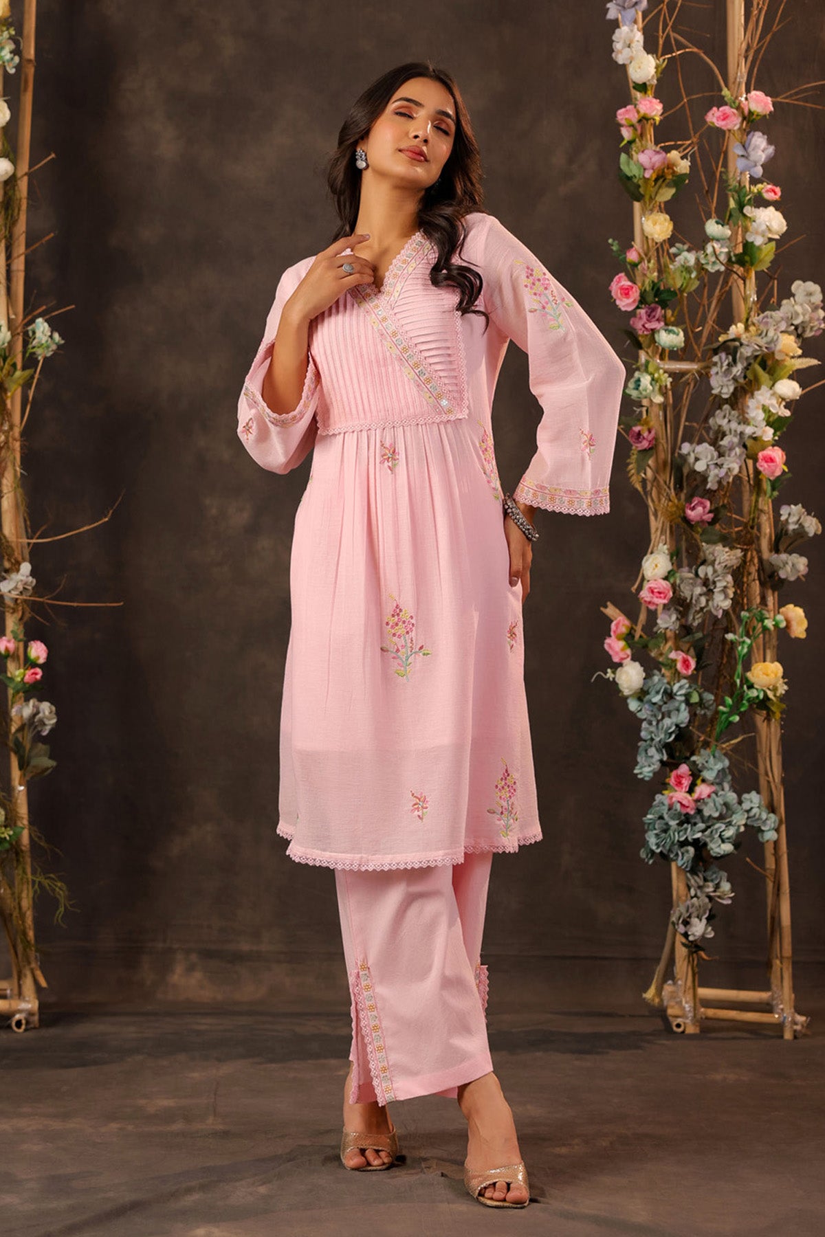Pink Mul Mul Embroidered Cord Set