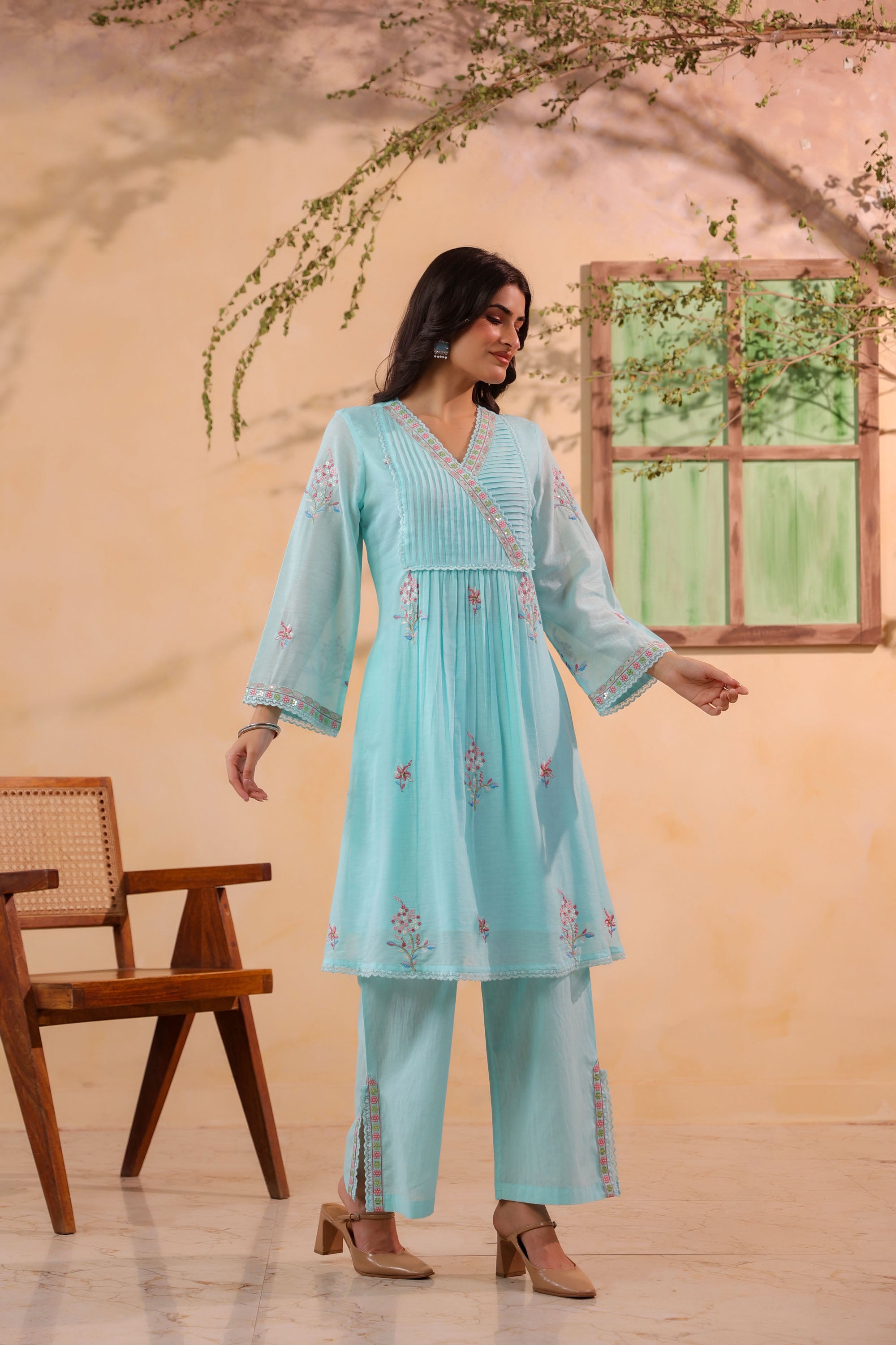 Sky Blue Mul Mul Embroidered Cord Set
