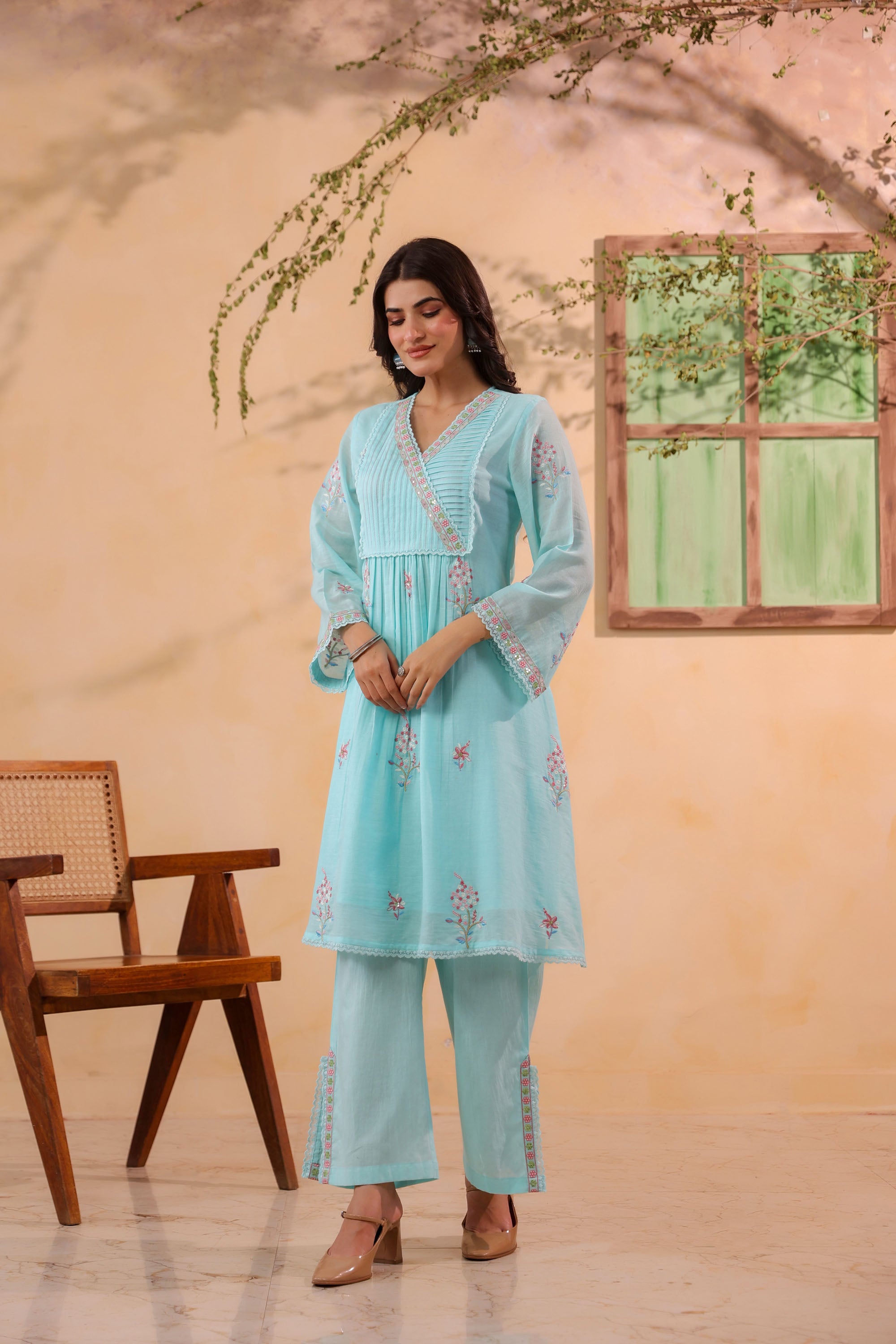 Sky Blue Mul Mul Embroidered Cord Set