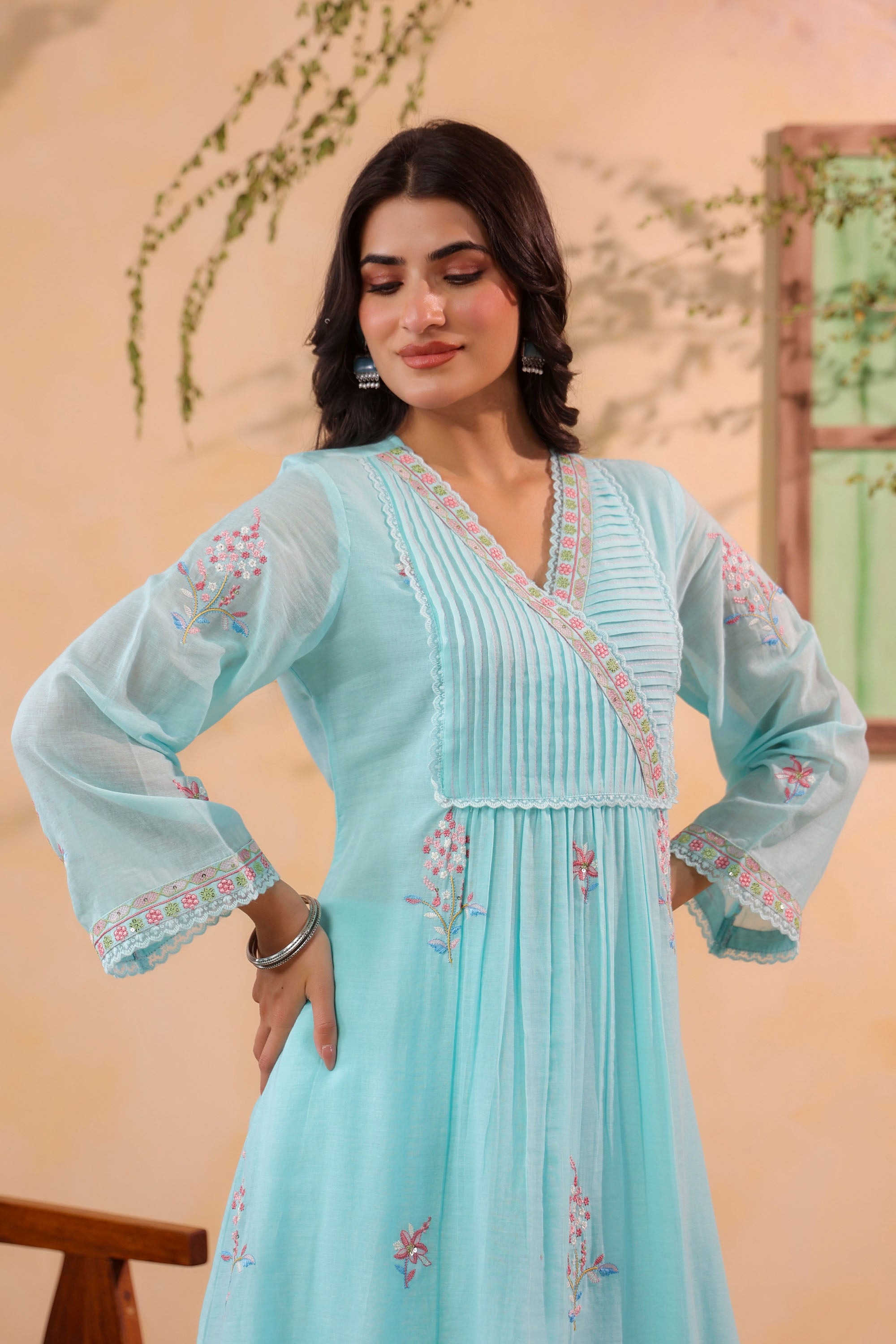 Sky Blue Mul Mul Embroidered Cord Set