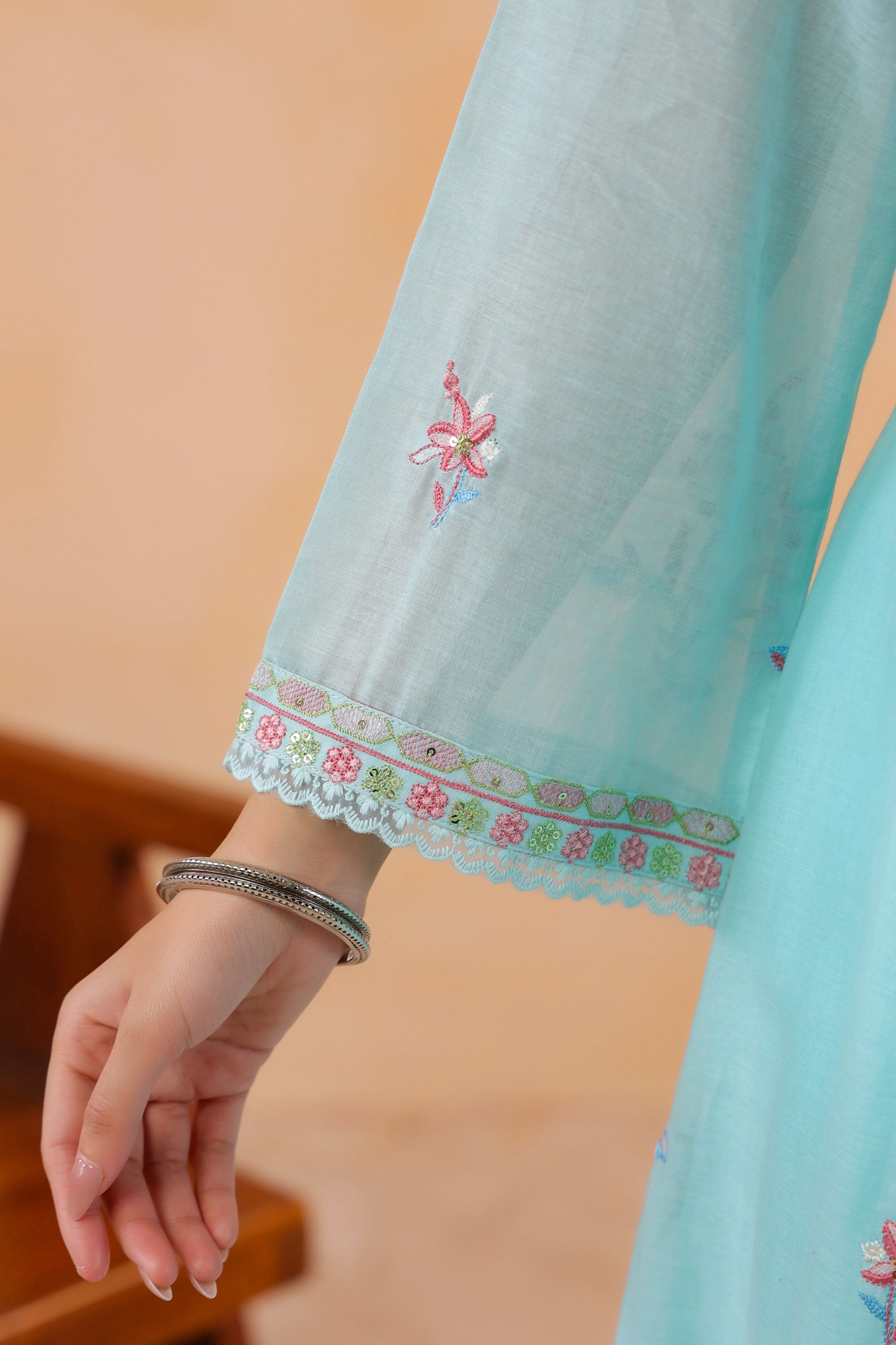 Sky Blue Mul Mul Embroidered Cord Set