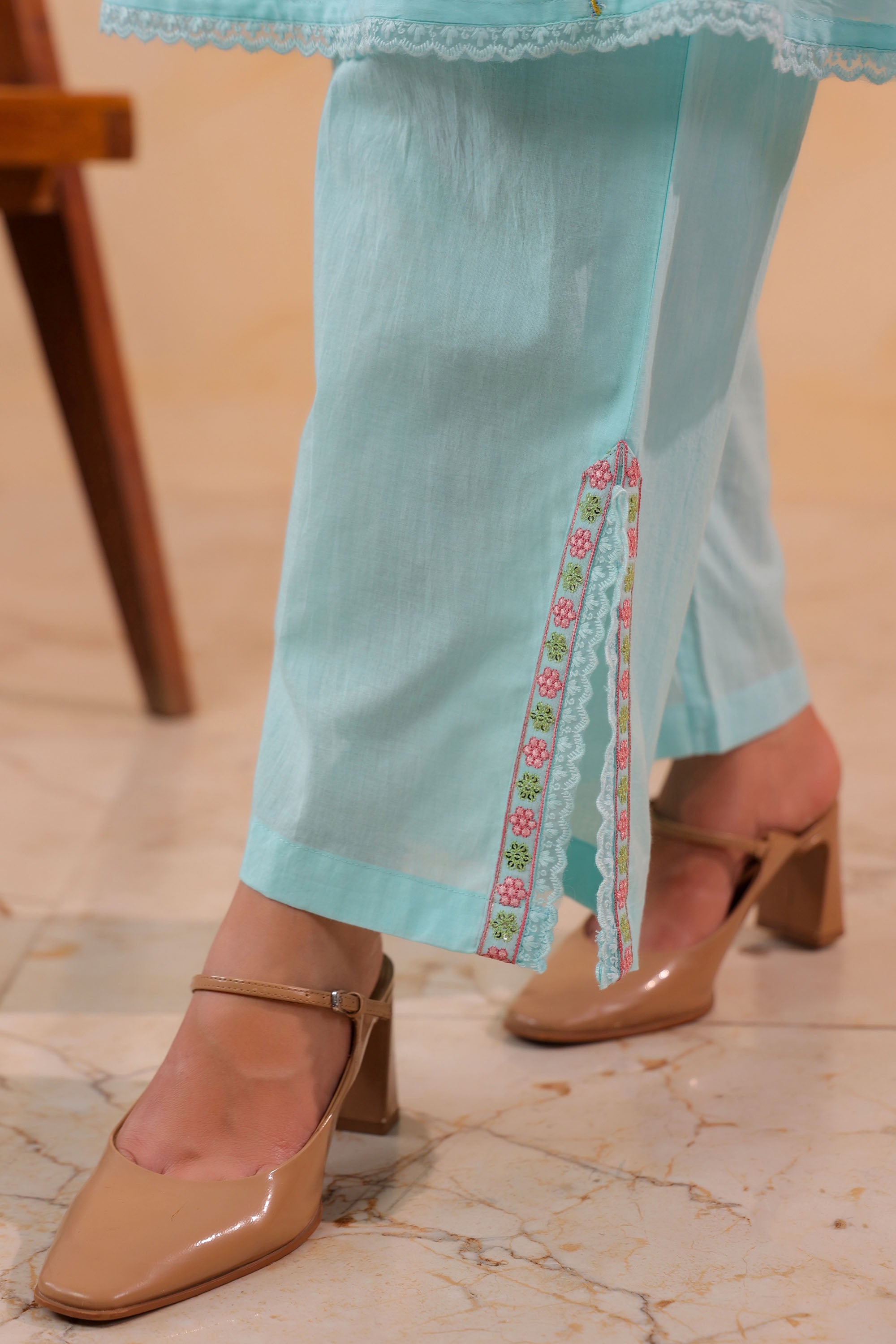 Sky Blue Mul Mul Embroidered Cord Set
