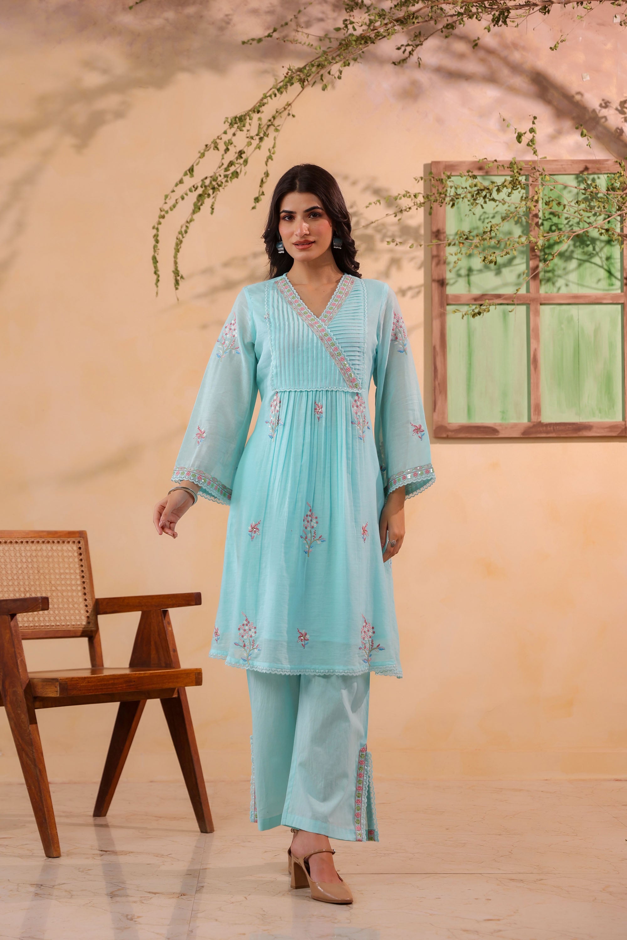Sky Blue Mul Mul Embroidered Cord Set