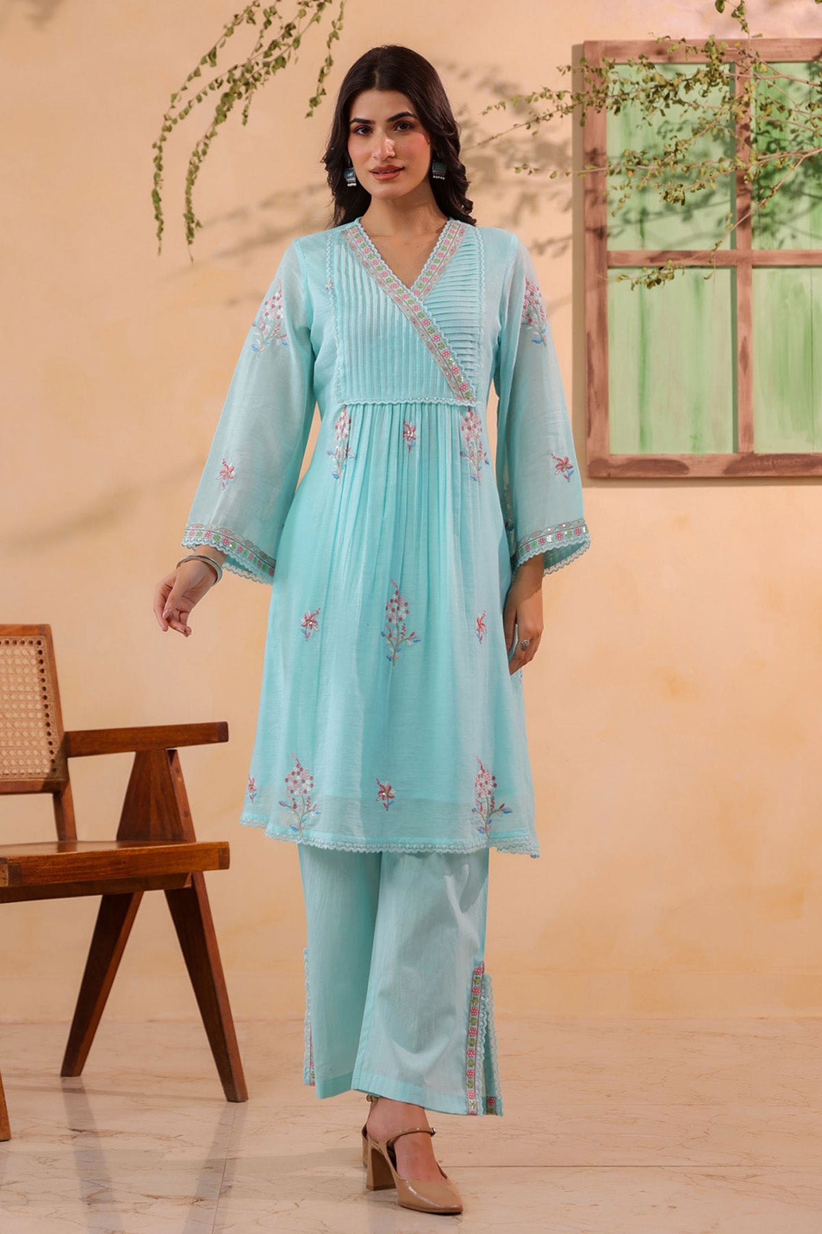 Sky Blue Mul Mul Embroidered Cord Set