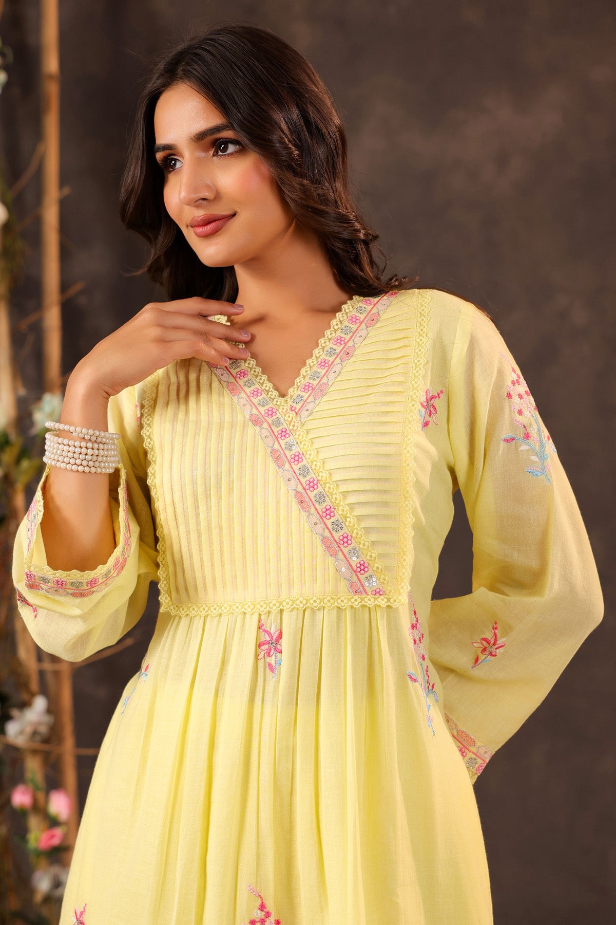 Yellow Mul Mul Embroidered Cord Set