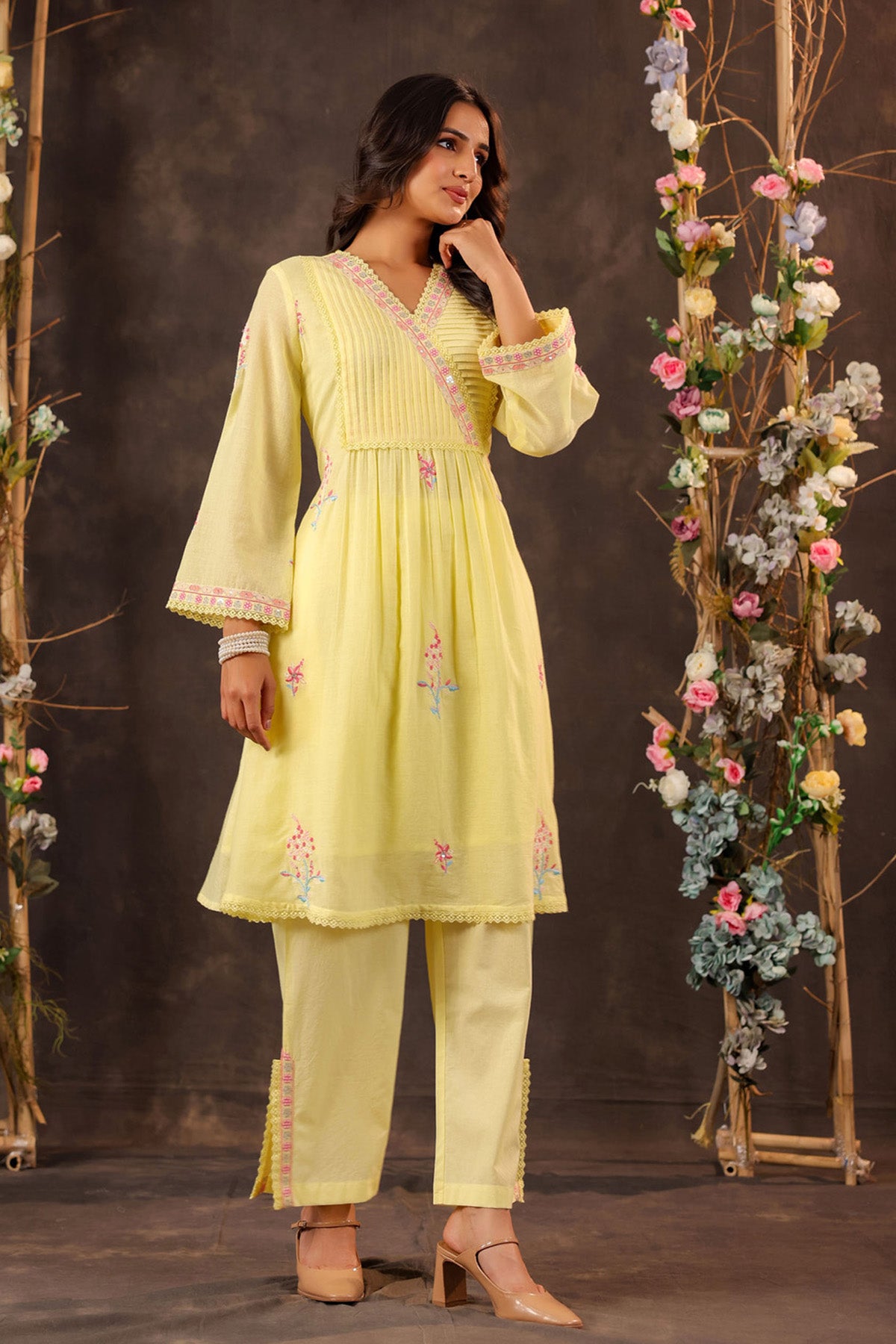 Yellow Mul Mul Embroidered Cord Set