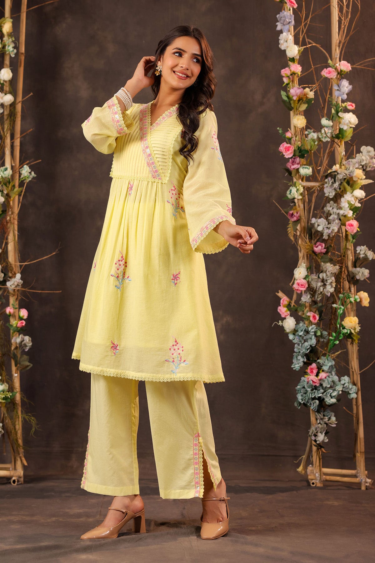 Yellow Mul Mul Embroidered Cord Set