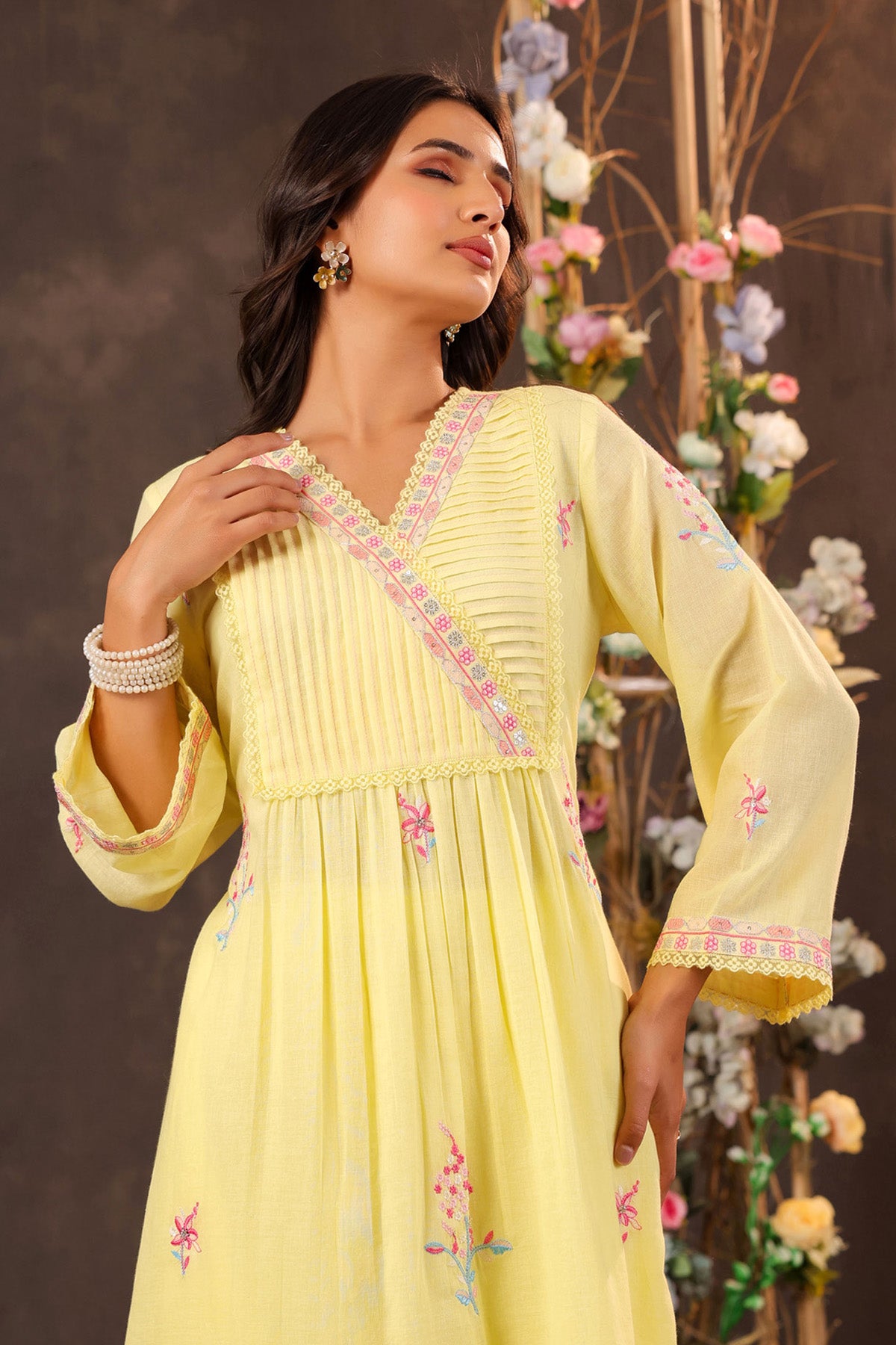 Yellow Mul Mul Embroidered Cord Set