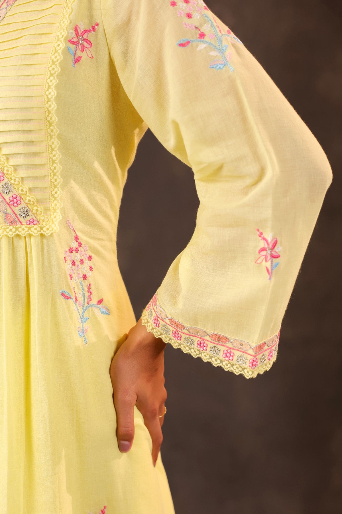 Yellow Mul Mul Embroidered Cord Set