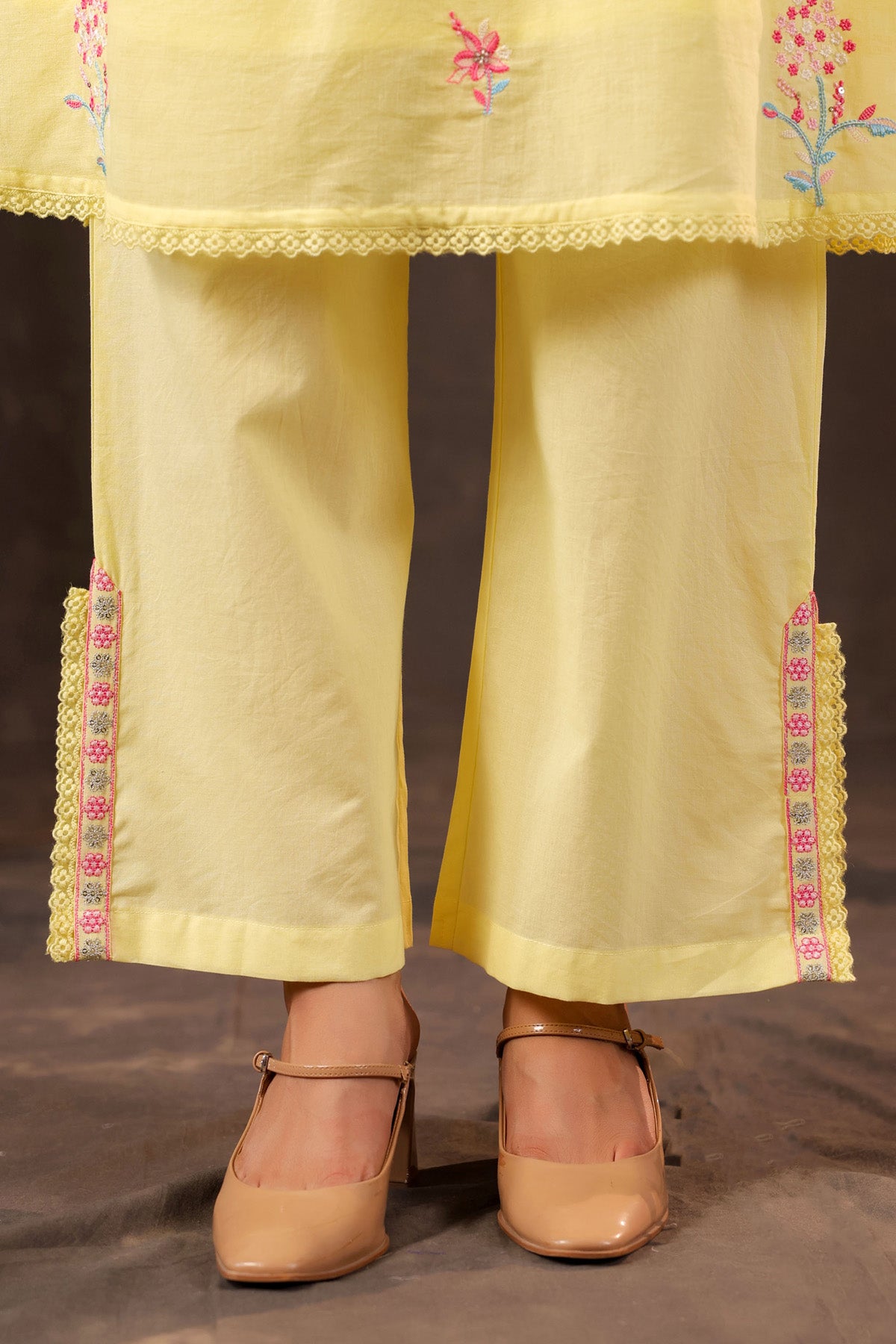 Yellow Mul Mul Embroidered Cord Set