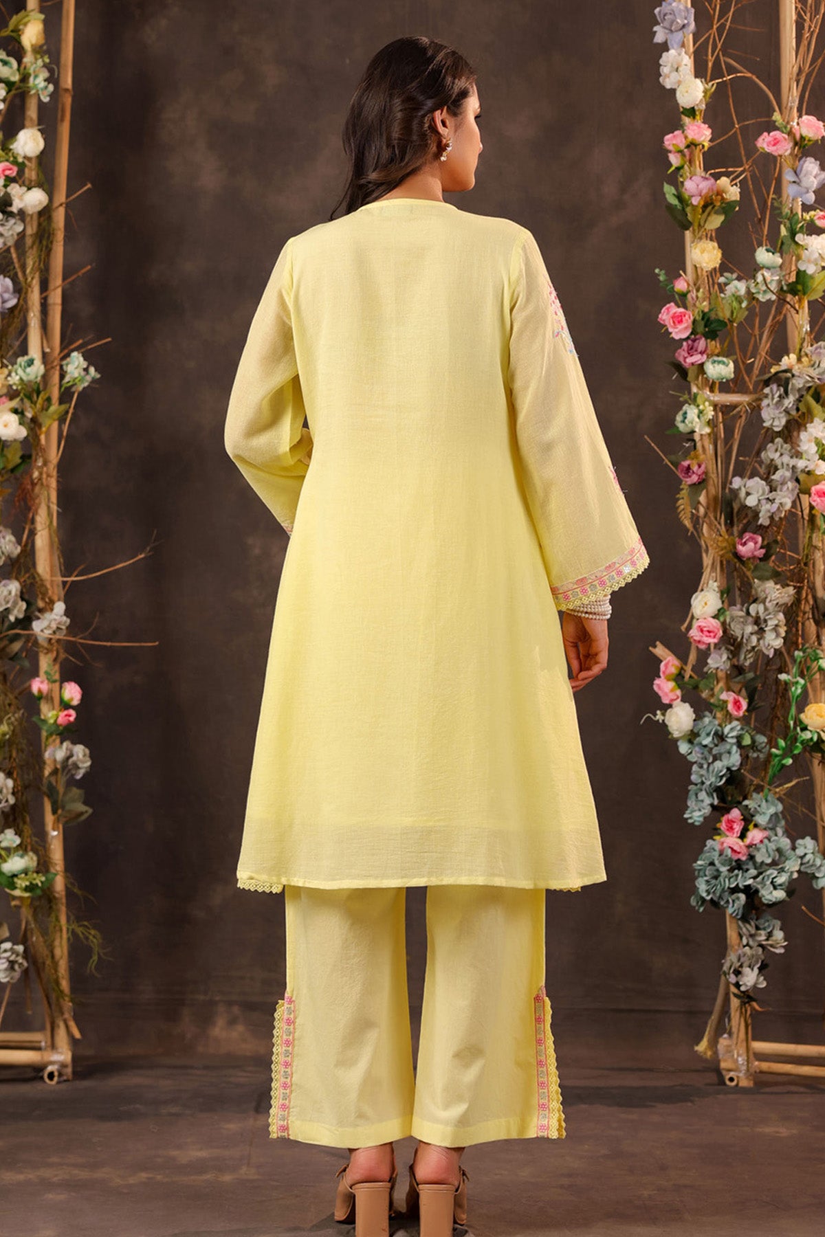 Yellow Mul Mul Embroidered Cord Set