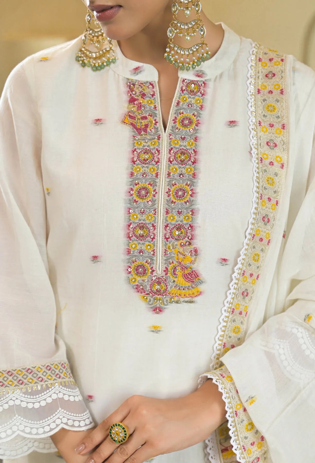 White Jamdani Silk Embroidered Pakistani Suit Set | Bairaas