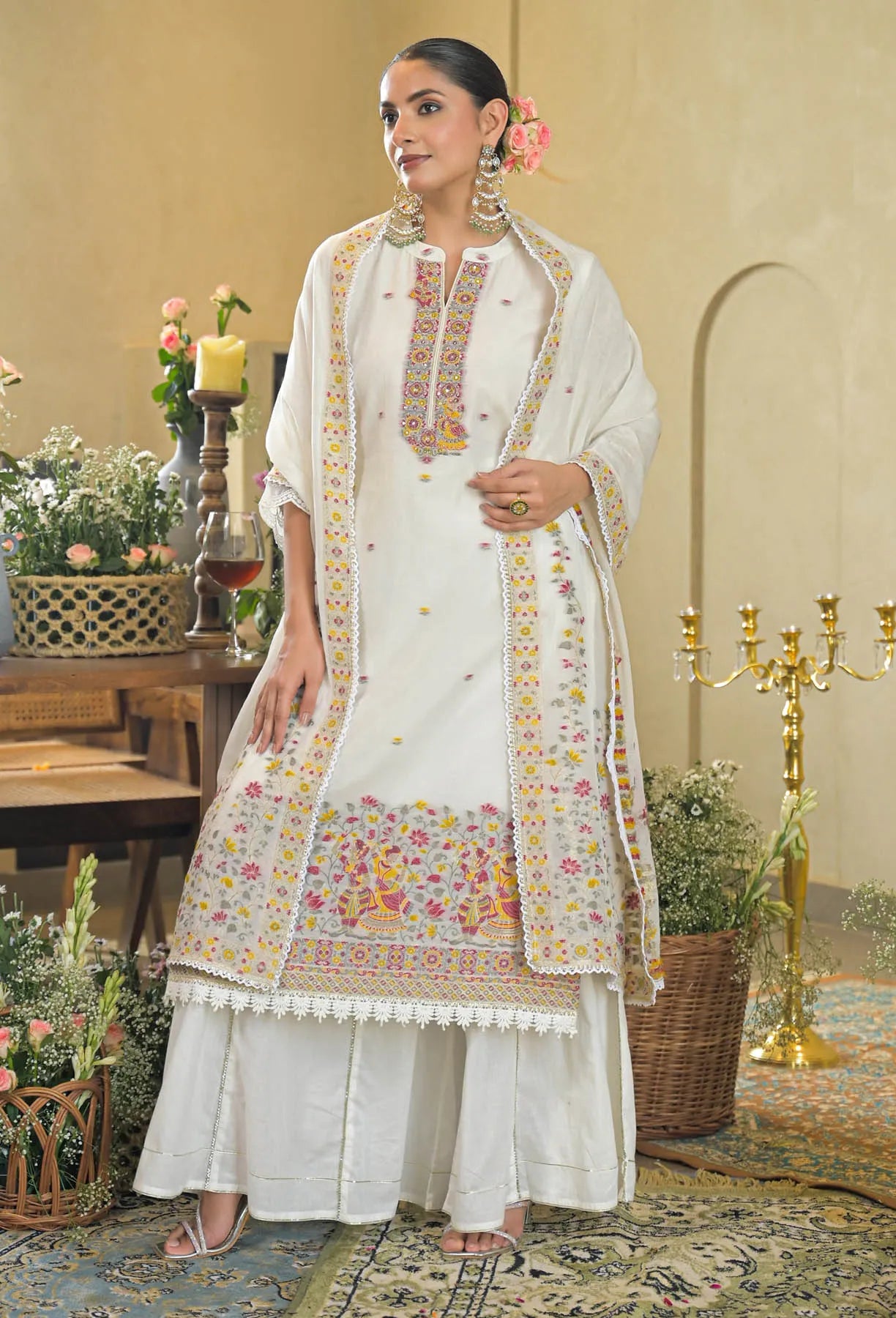 White Jamdani Silk Embroidered Pakistani Suit Set | Bairaas