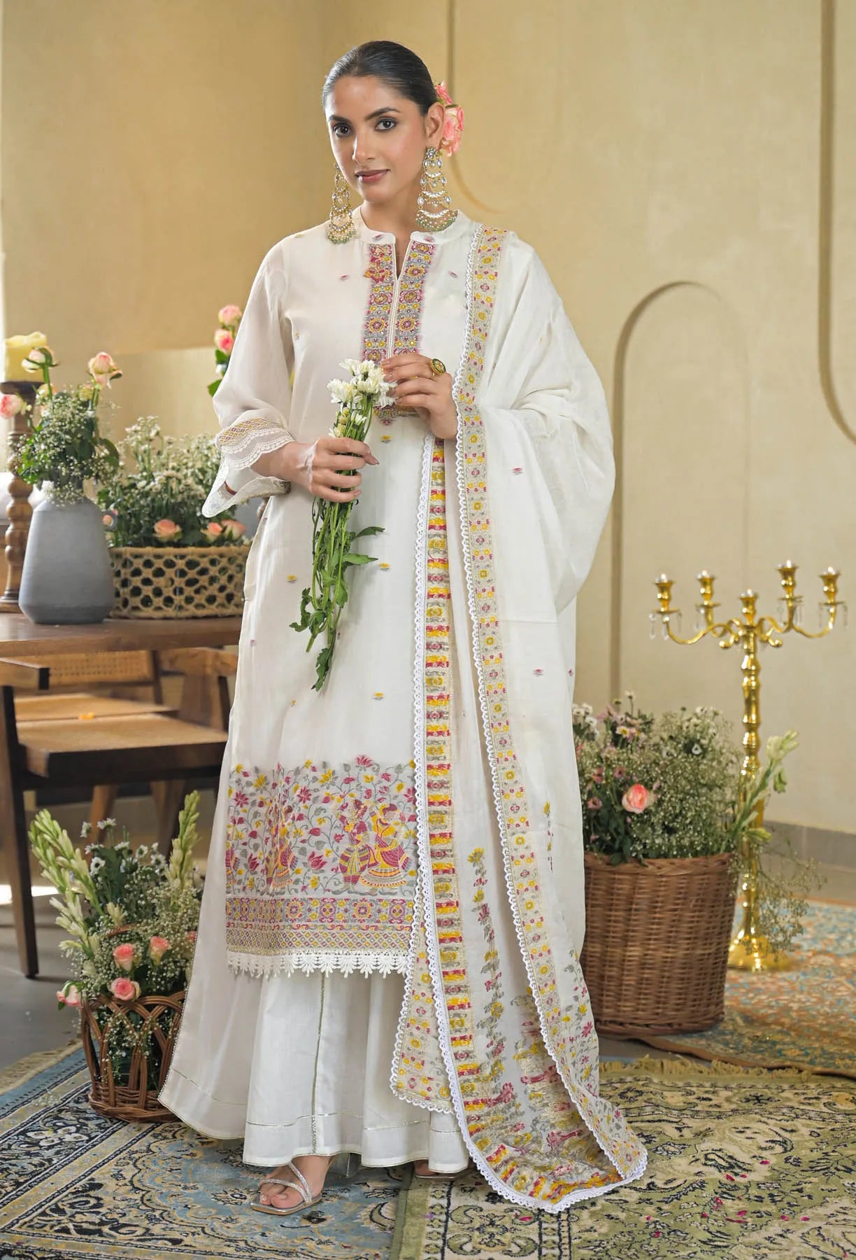 White Jamdani Silk Embroidered Pakistani Suit Set | Bairaas