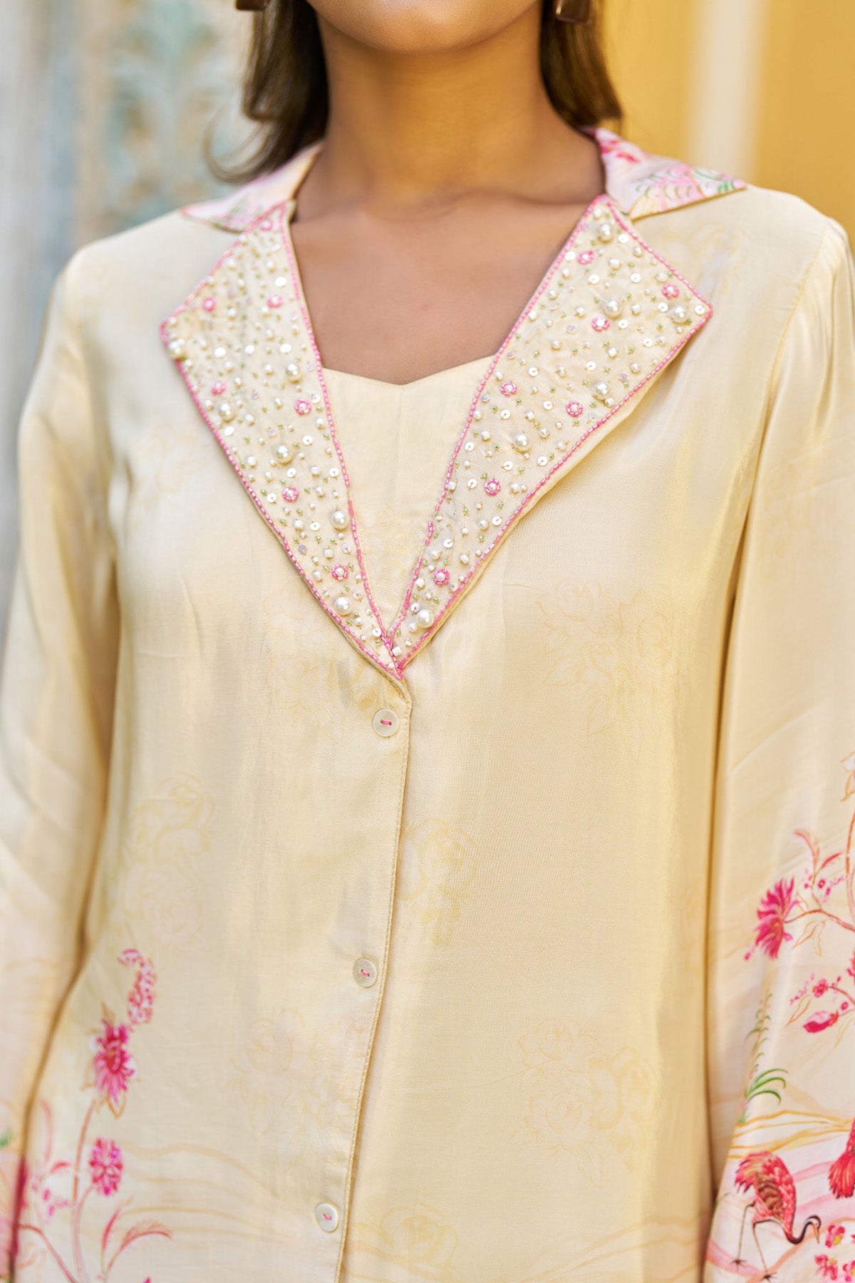 Cream Crepe Silk Handwork Cord Set