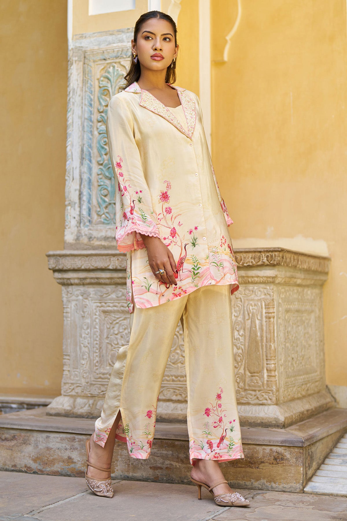 Cream Crepe Silk Handwork Cord Set