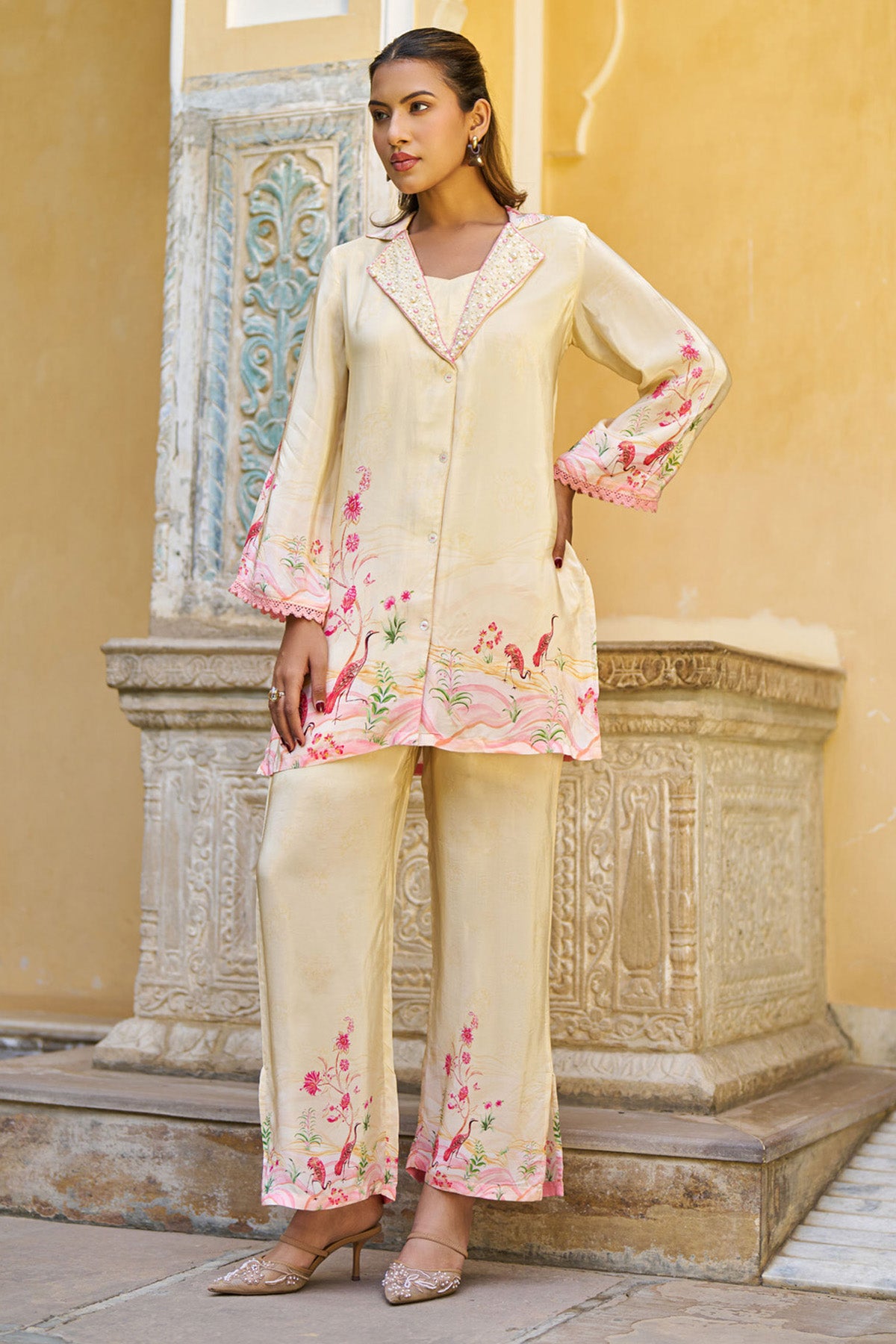 Cream Crepe Silk Handwork Cord Set