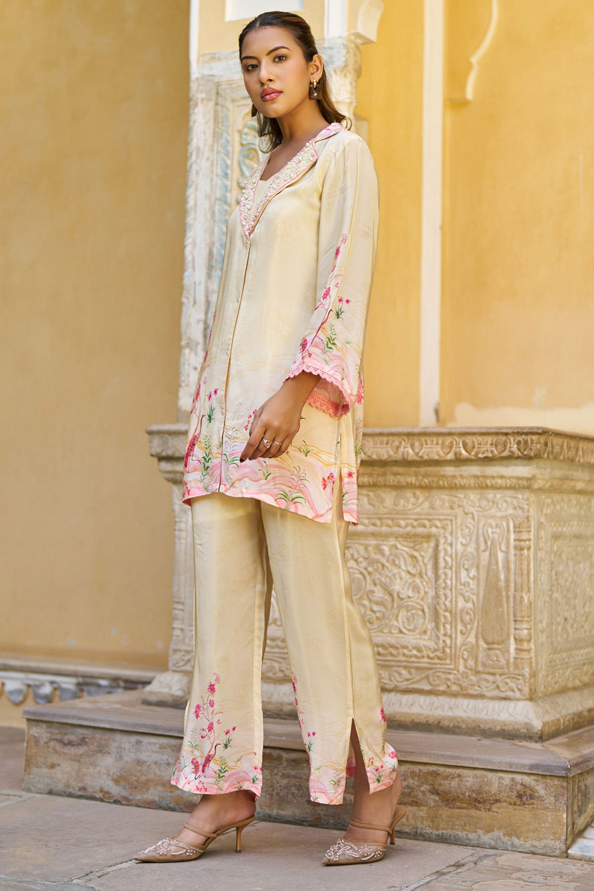 Cream Crepe Silk Handwork Cord Set