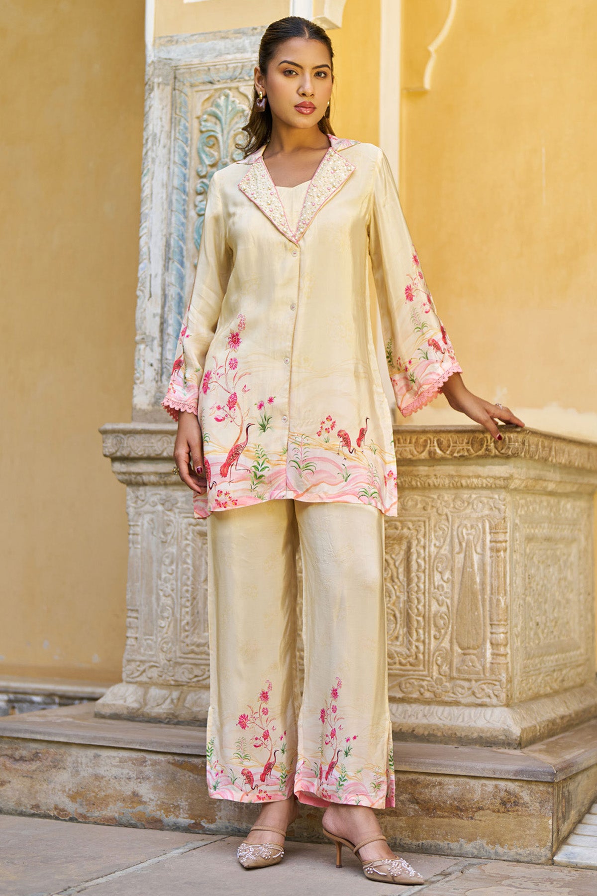 Cream Crepe Silk Handwork Cord Set