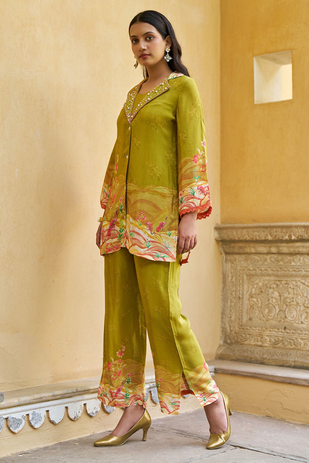Green Crepe Silk Handwork Cord Set