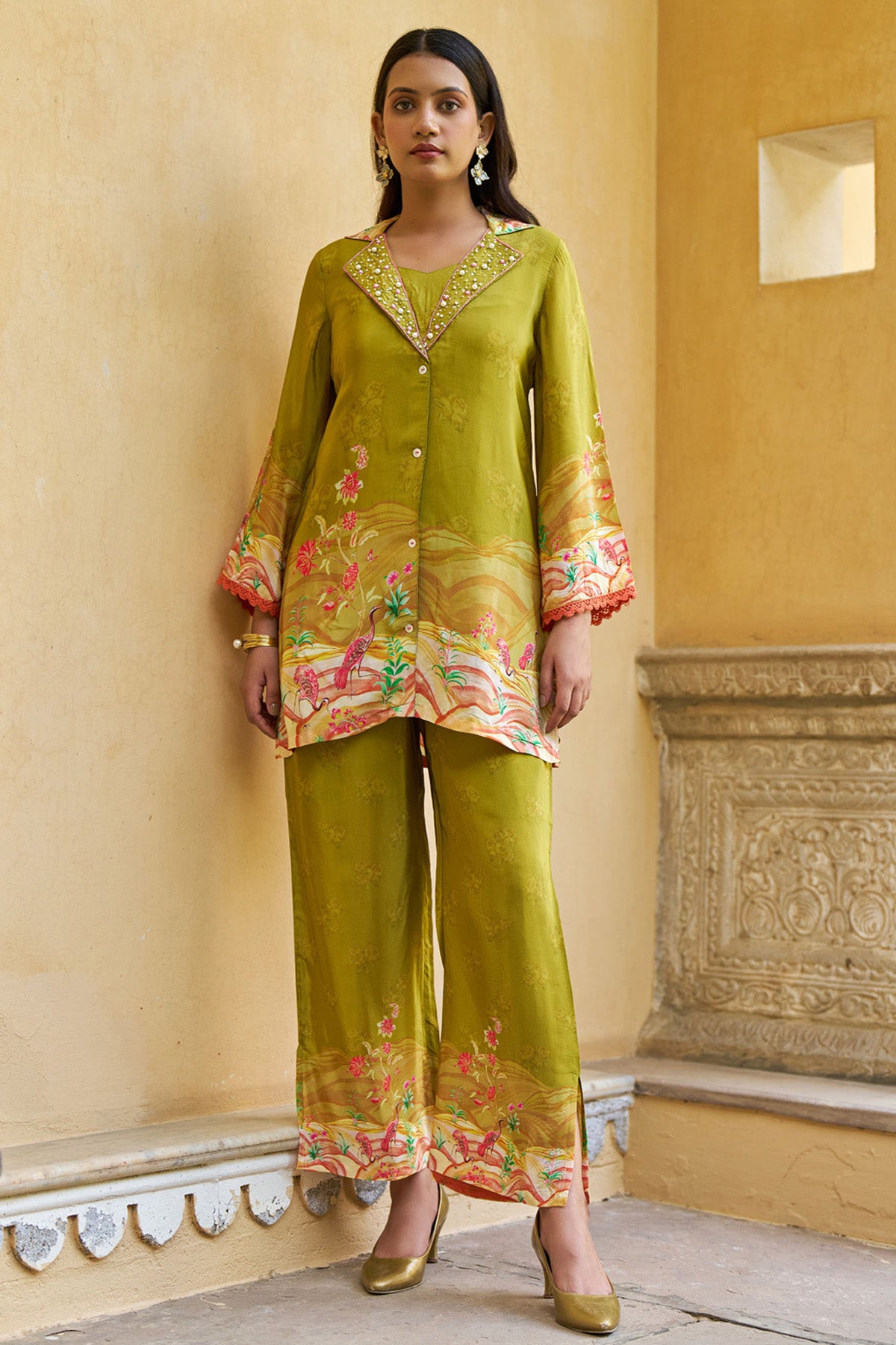 Green Crepe Silk Handwork Cord Set