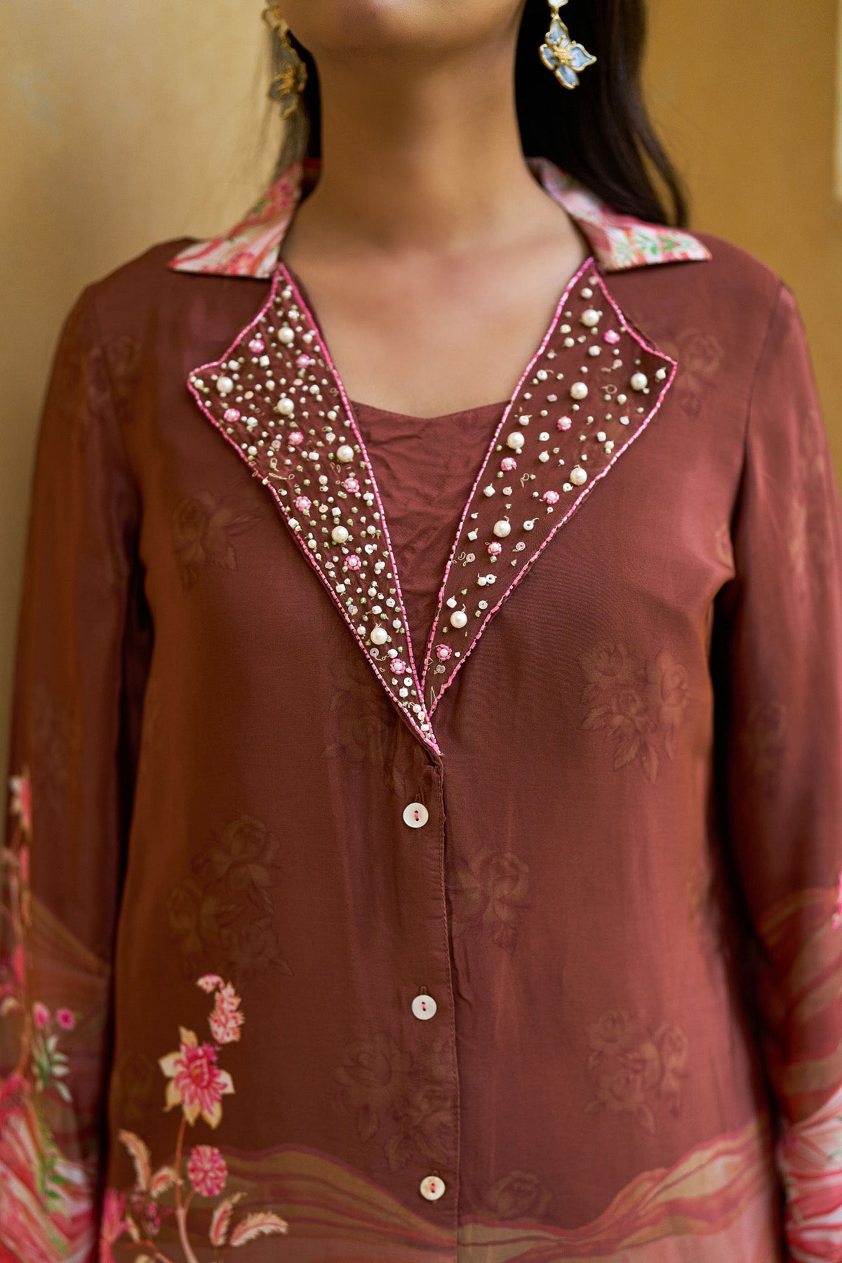 Rust Brown Crepe Silk Handwork Cord Set