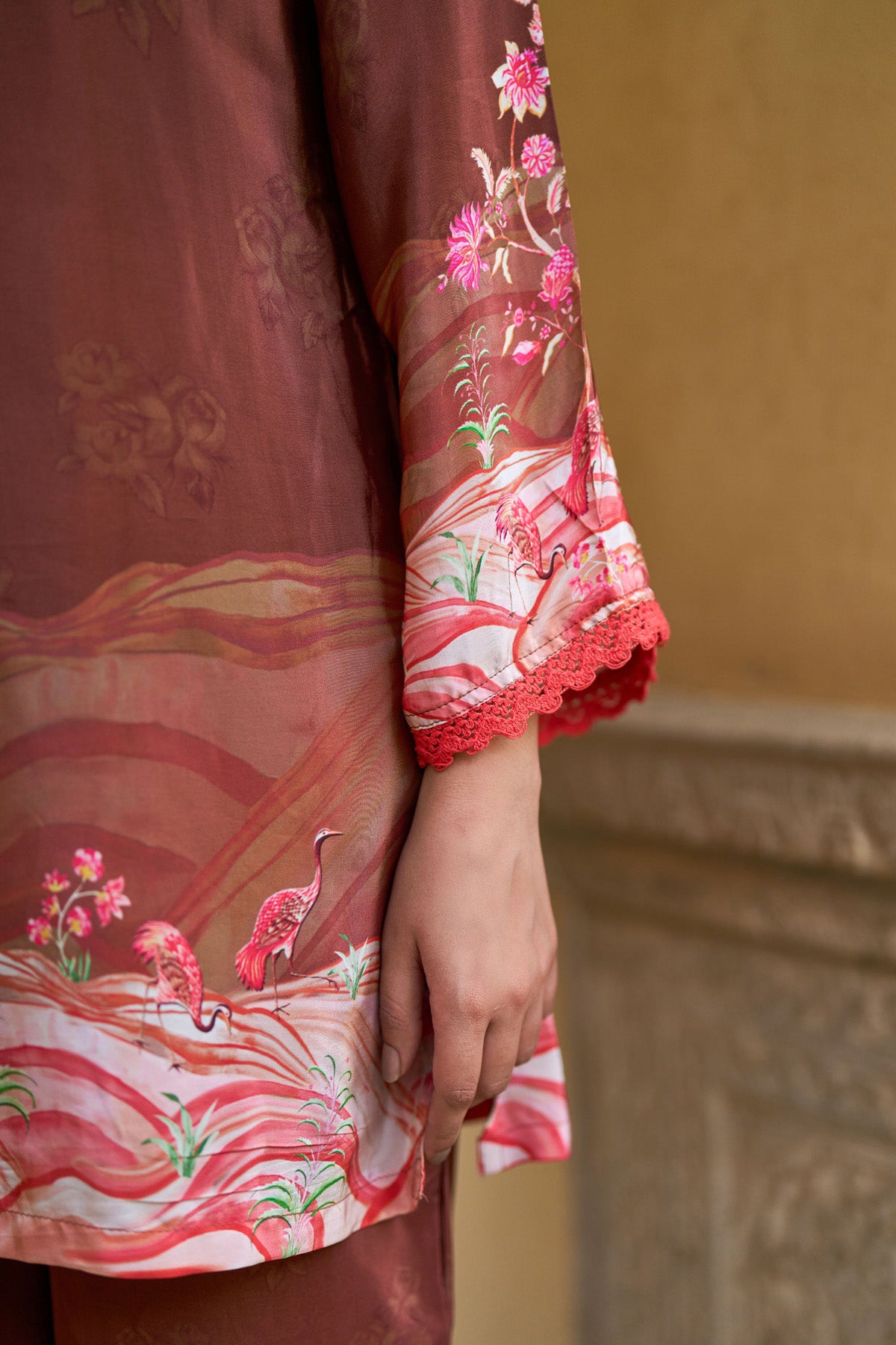 Rust Brown Crepe Silk Handwork Cord Set