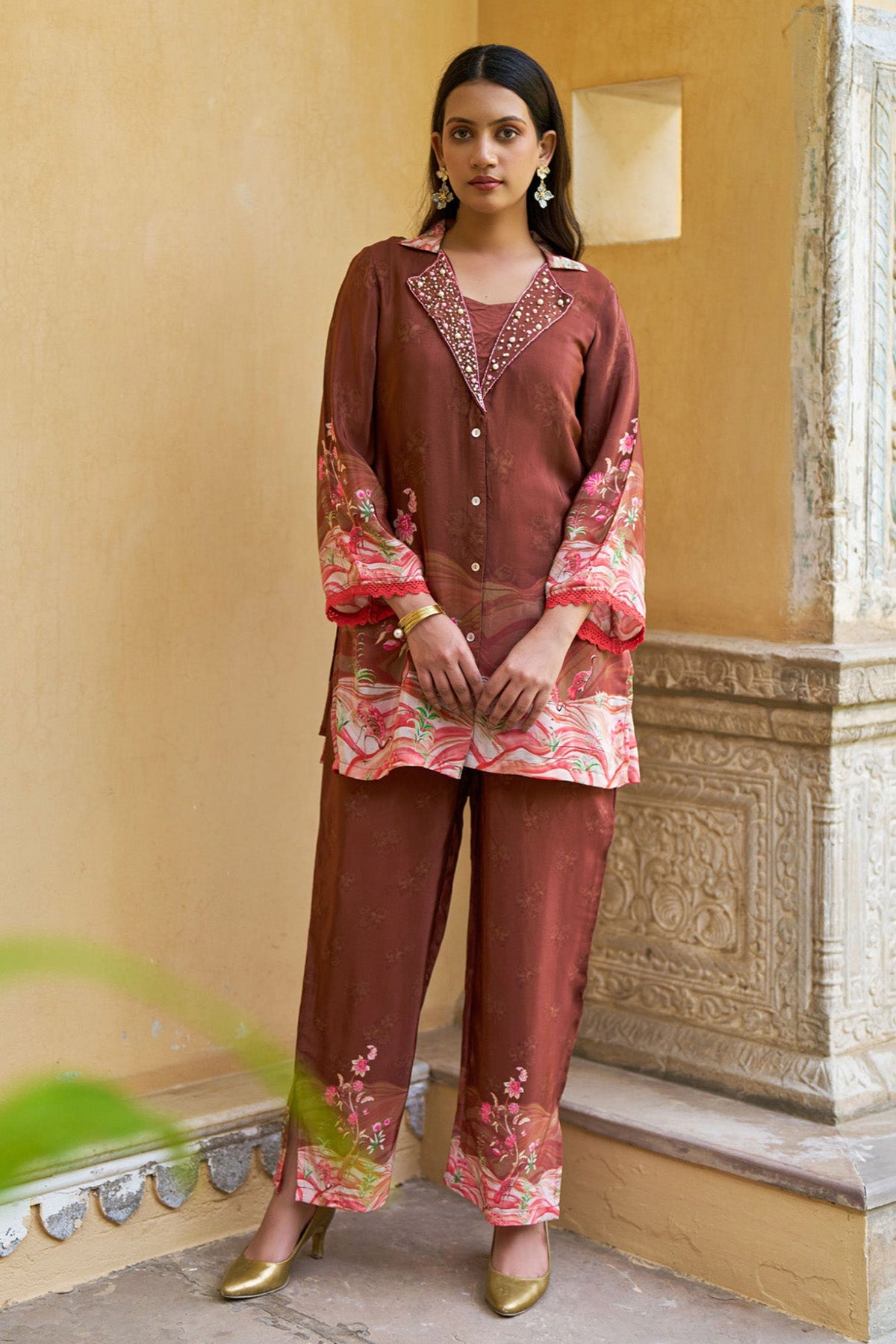 Rust Brown Crepe Silk Handwork Cord Set