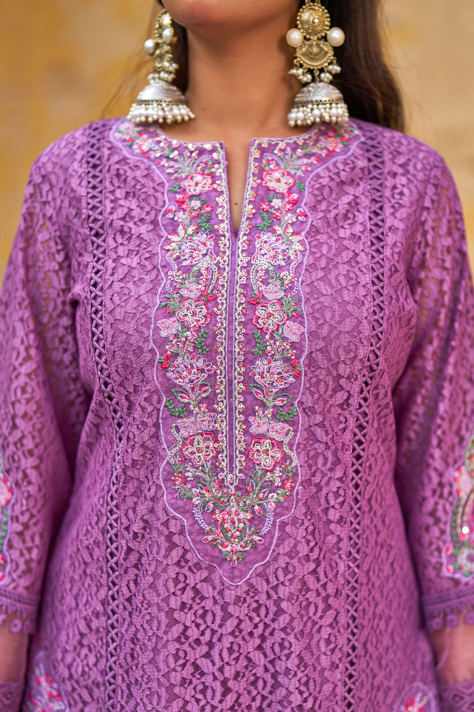 Purple Net Embroidered Kurta Set With Dupatta