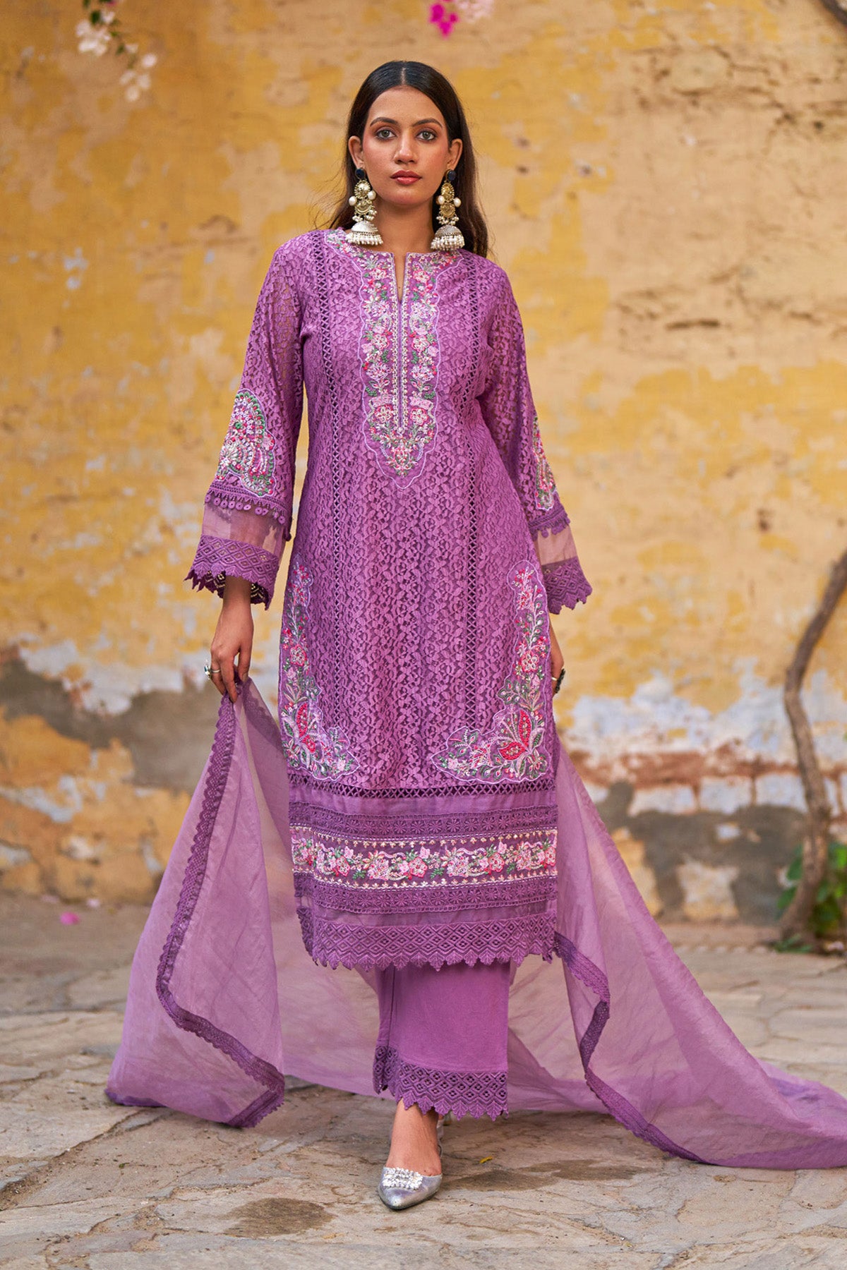Purple Net Embroidered Kurta Set With Dupatta