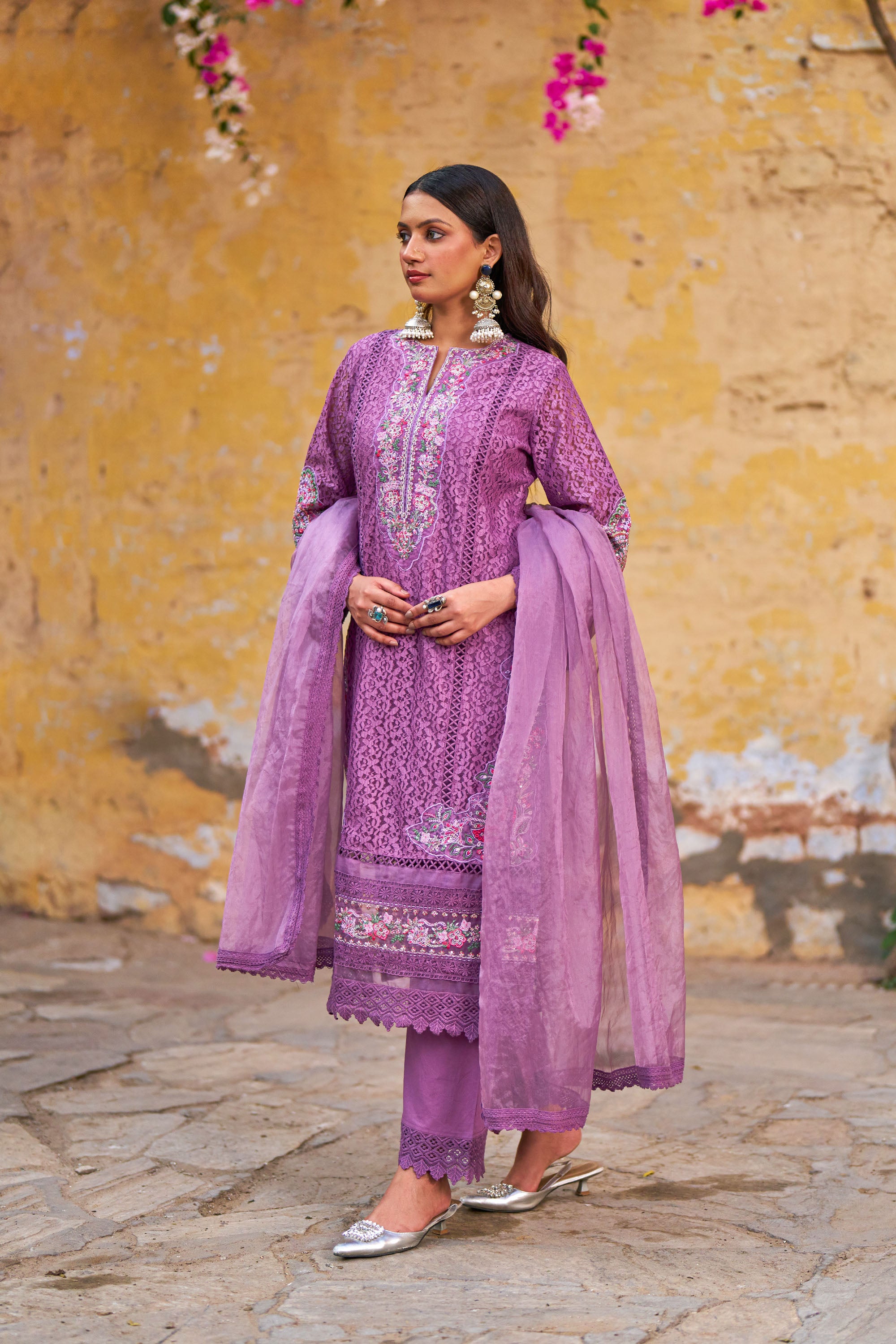 Purple Net Embroidered Kurta Set With Dupatta