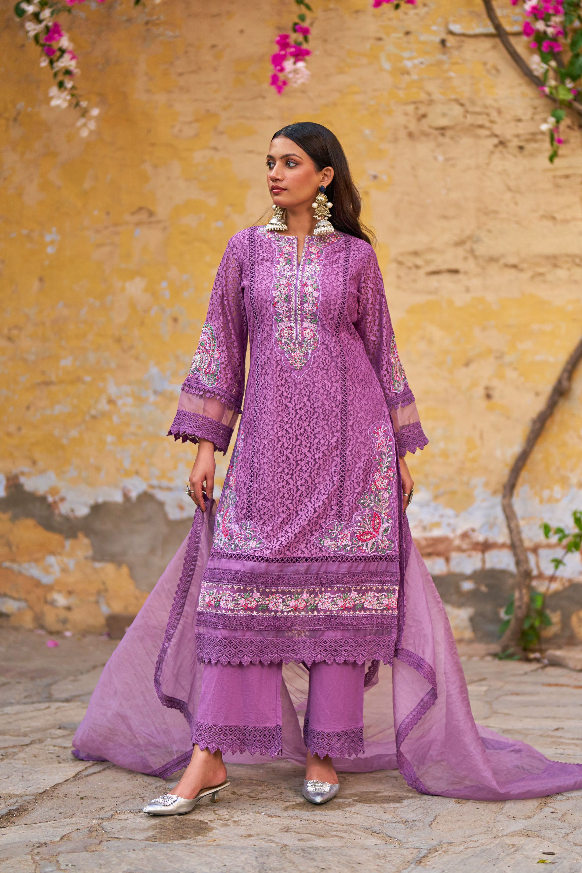 Purple Net Embroidered Kurta Set With Dupatta