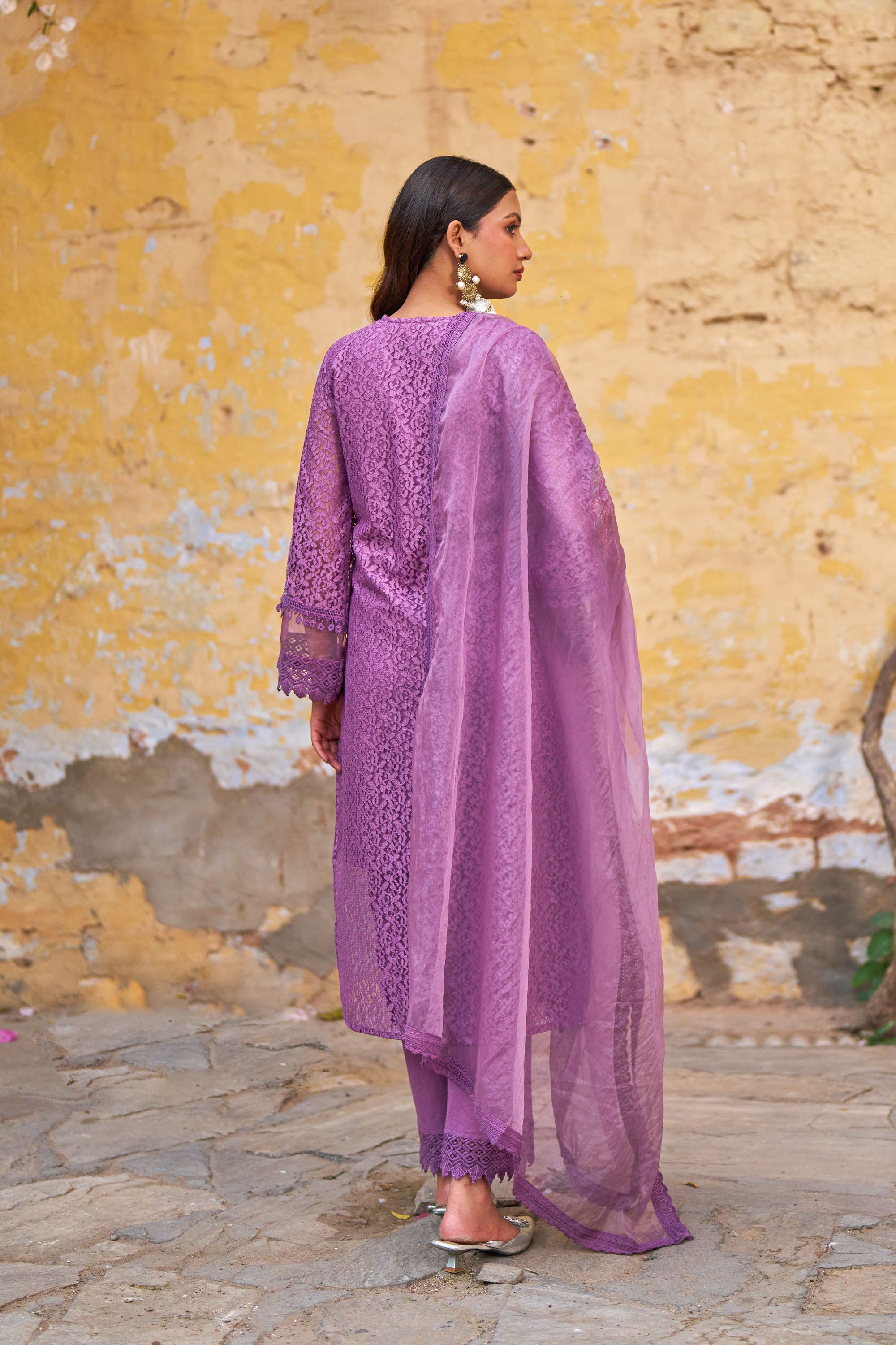 Purple Net Embroidered Kurta Set With Dupatta