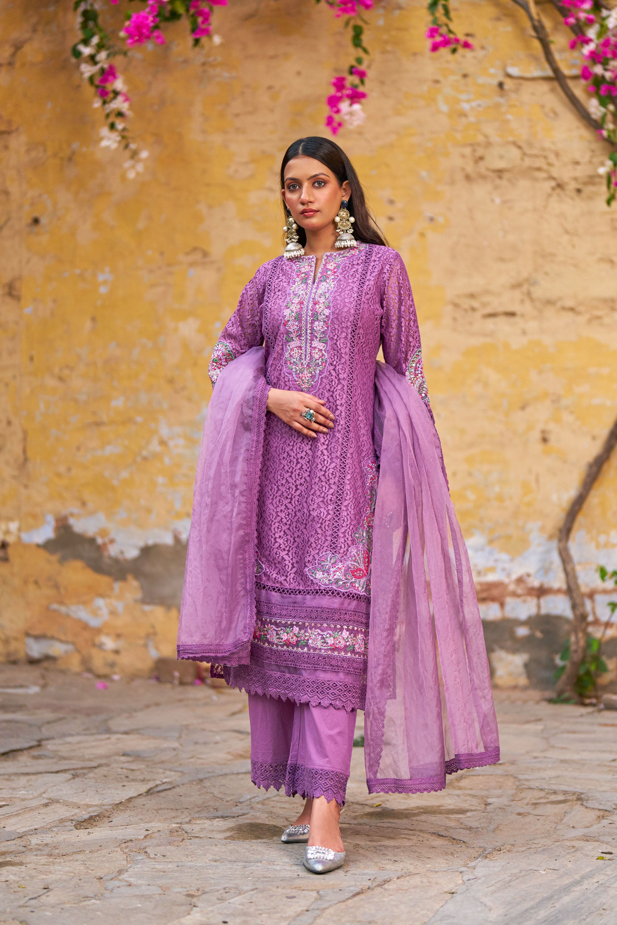 Purple Net Embroidered Kurta Set With Dupatta