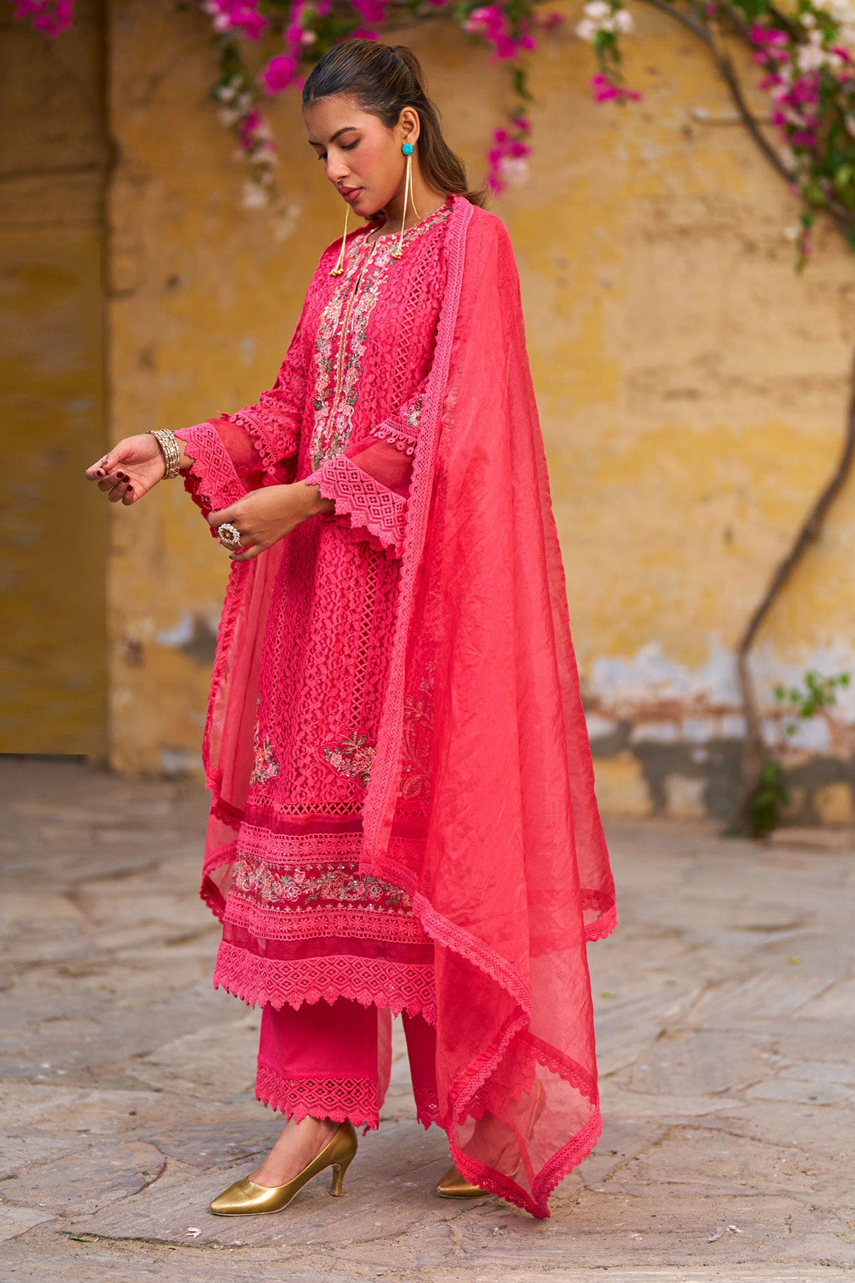 Red Net Embroidered Kurta Set With Dupatta