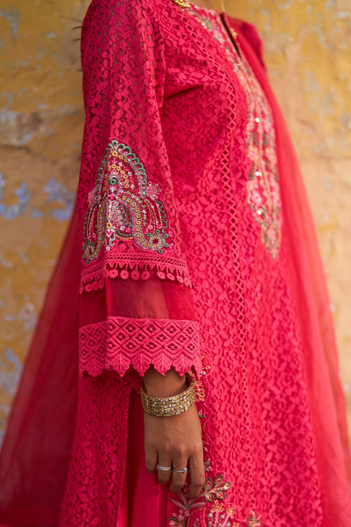 Red Net Embroidered Kurta Set With Dupatta