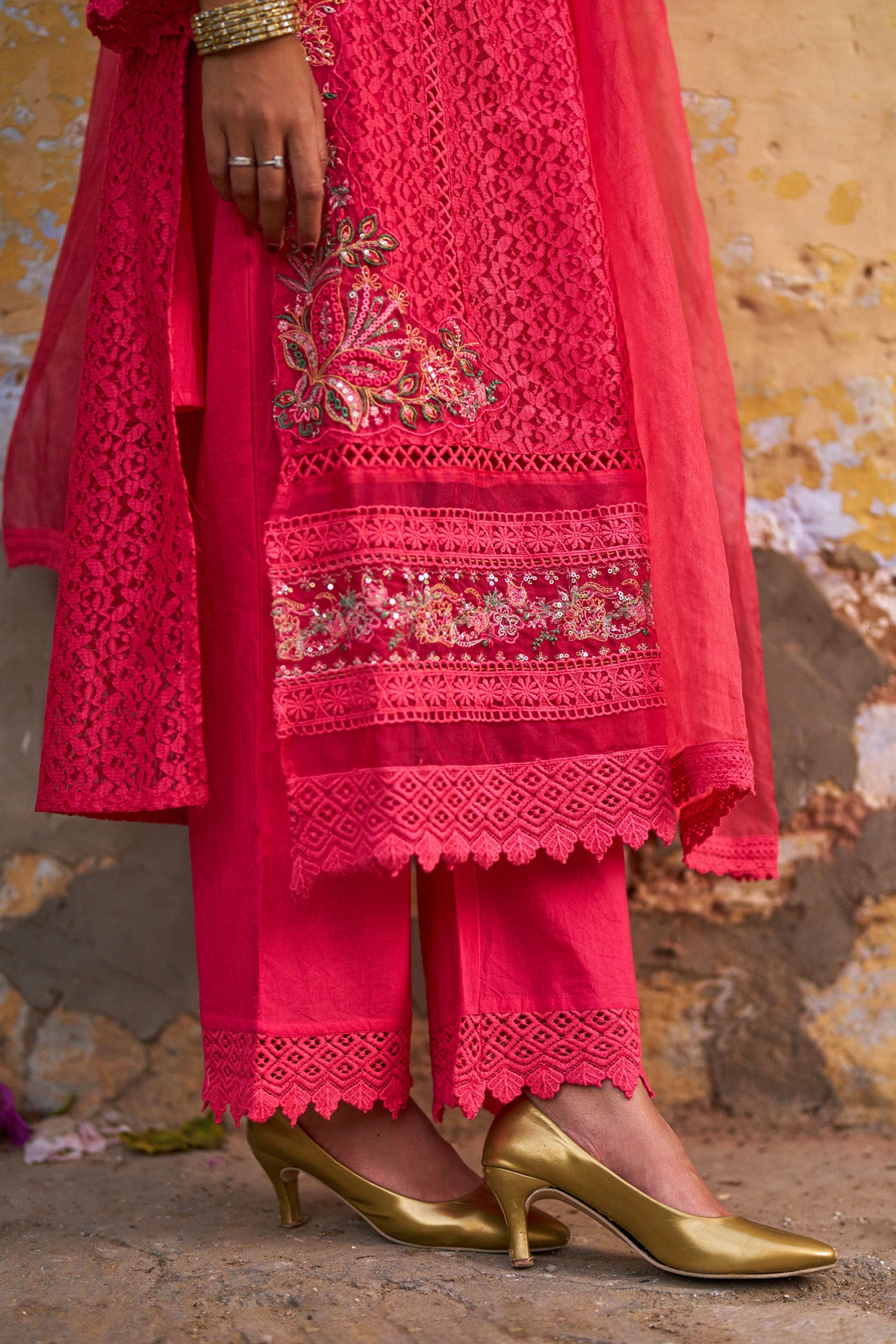 Red Net Embroidered Kurta Set With Dupatta
