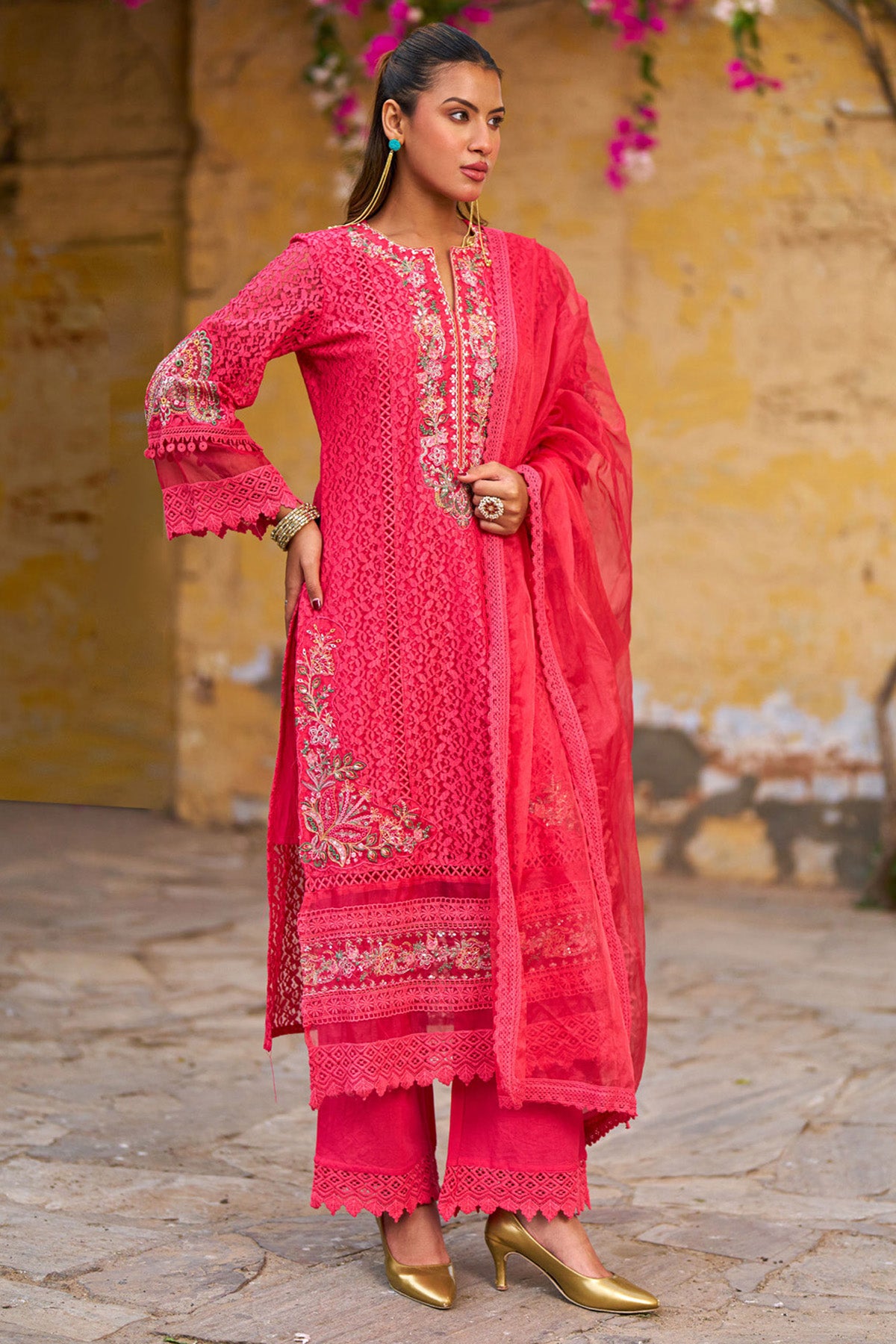 Red Net Embroidered Kurta Set With Dupatta