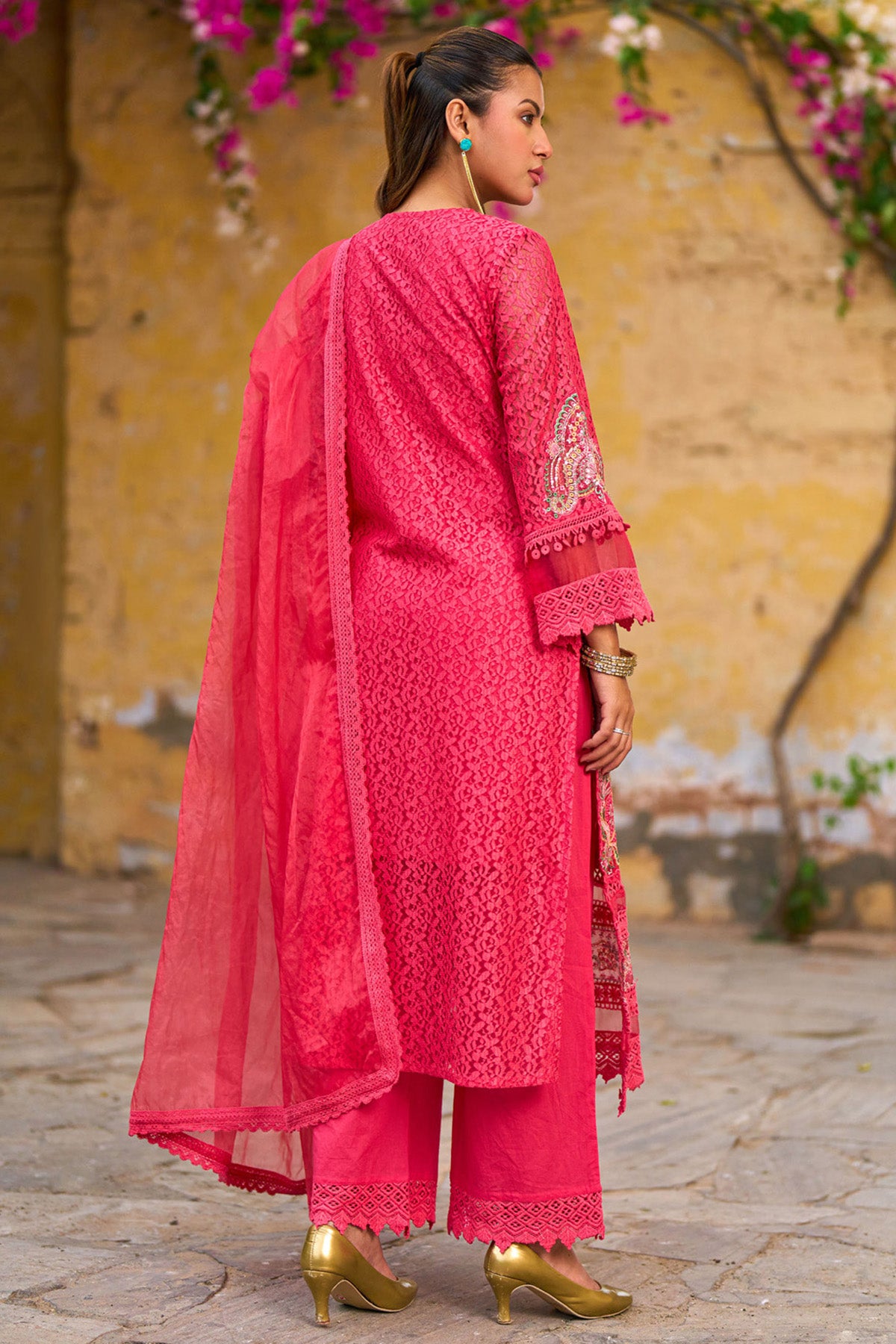 Red Net Embroidered Kurta Set With Dupatta