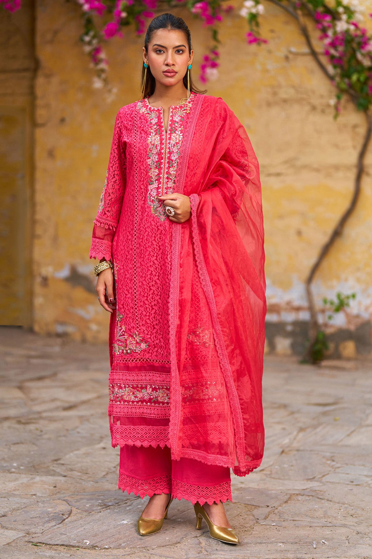 Red Net Embroidered Kurta Set With Dupatta