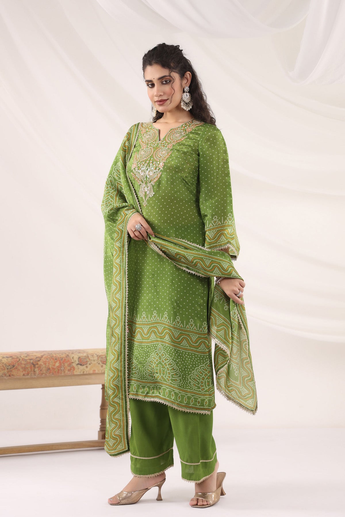 Green Crepe Silk Embroidered Kurta Set With Dupatta