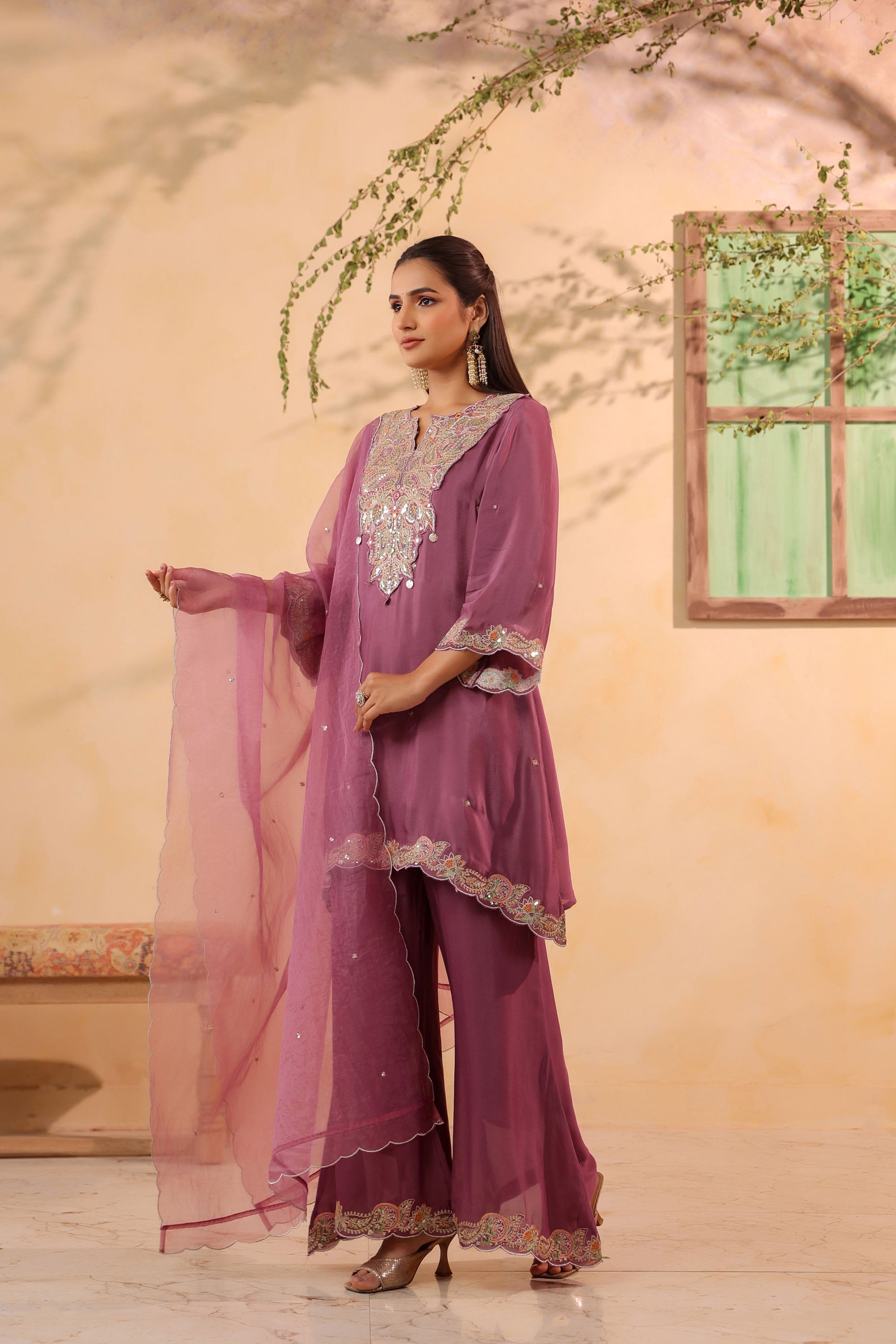 Pink Chinon Silk Embroidered Sharara Set With Dupatta