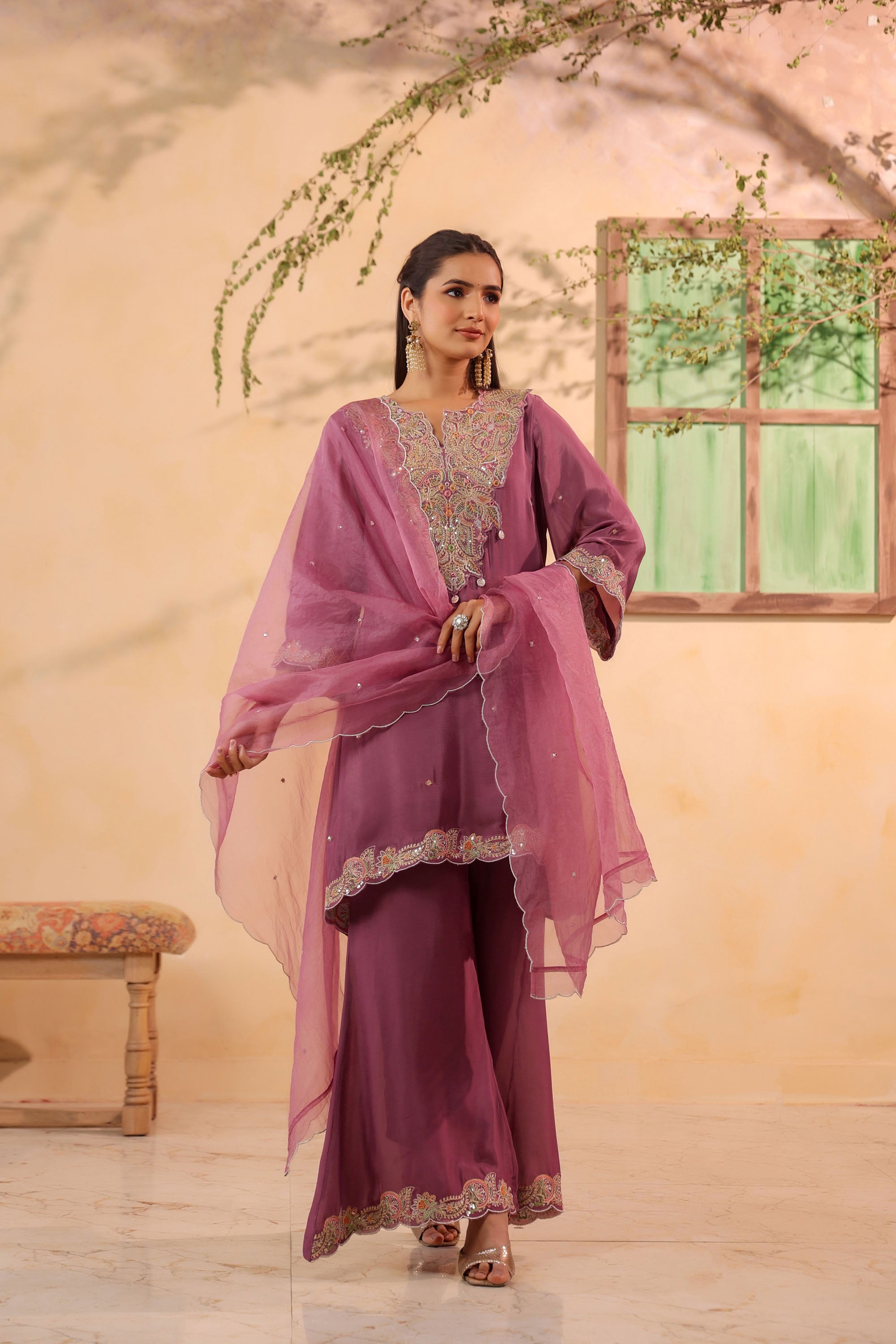 Pink Chinon Silk Embroidered Sharara Set With Dupatta