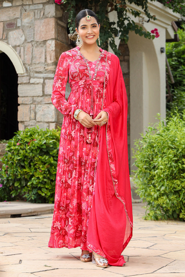 Bairaas Red Chinon Handwork Long Gown